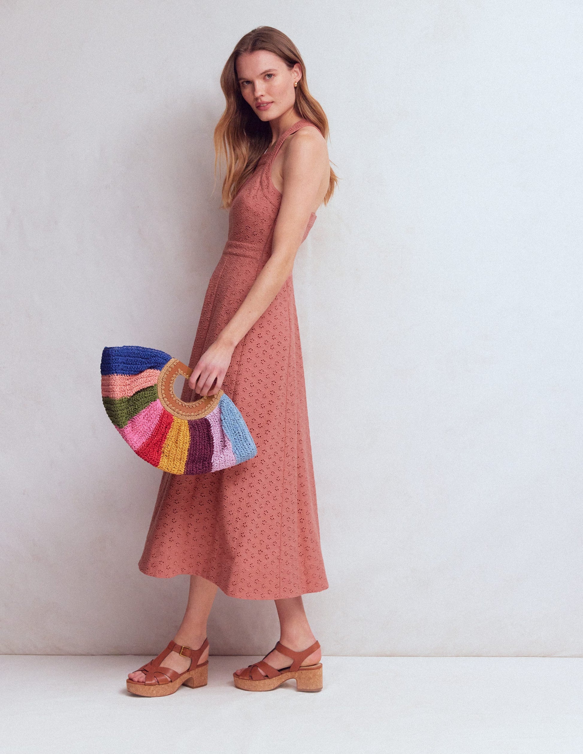 Cross Back Broderie Midi Dress-Vintage Rose Broderie-1