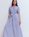 Double Cloth Puff Sleeve Dress-Blue Ivory Stripe