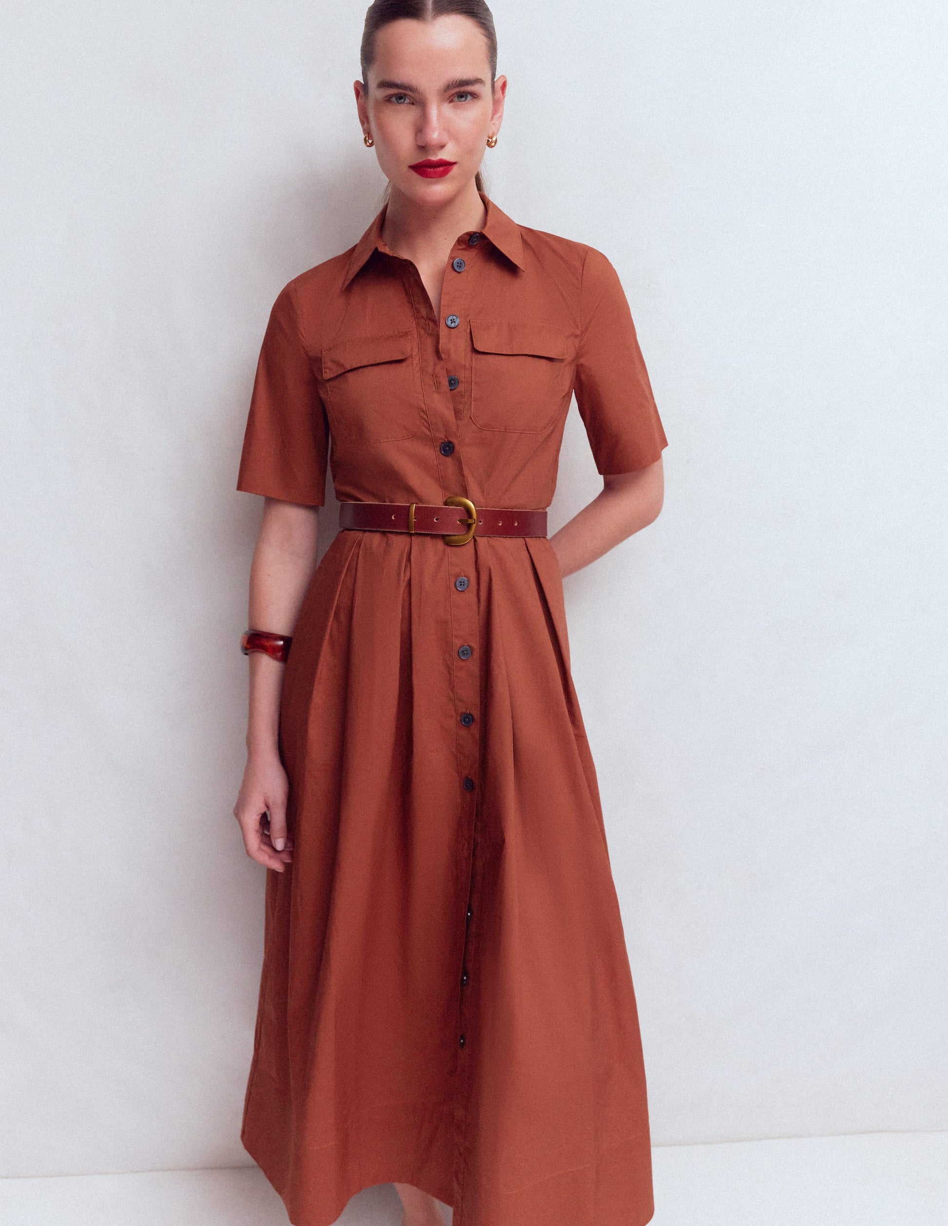 strapless open back dress Zoe Short Sleeve Shirt Dress-Burnt Orange