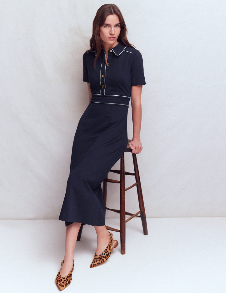Etta Piping Trim Ponte Dress-Navy