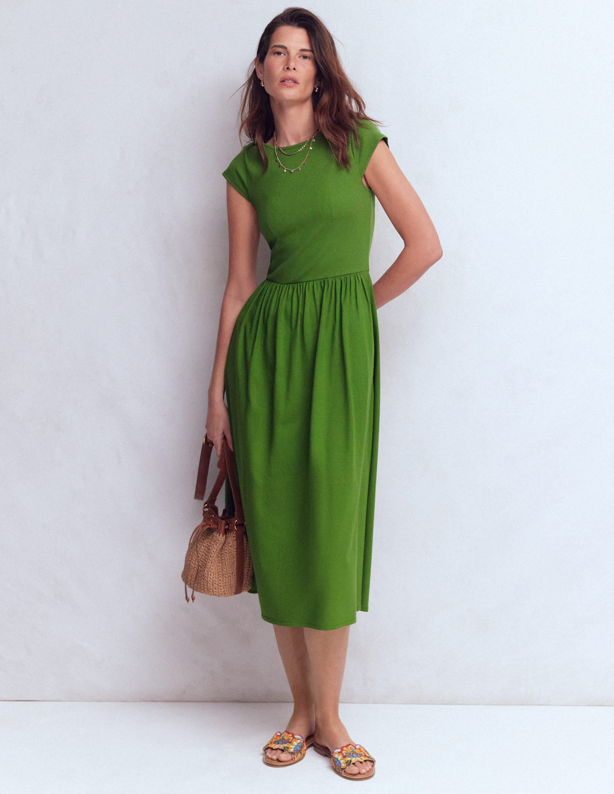 Boat Neck Mix Dress-Safari Green - Image 1