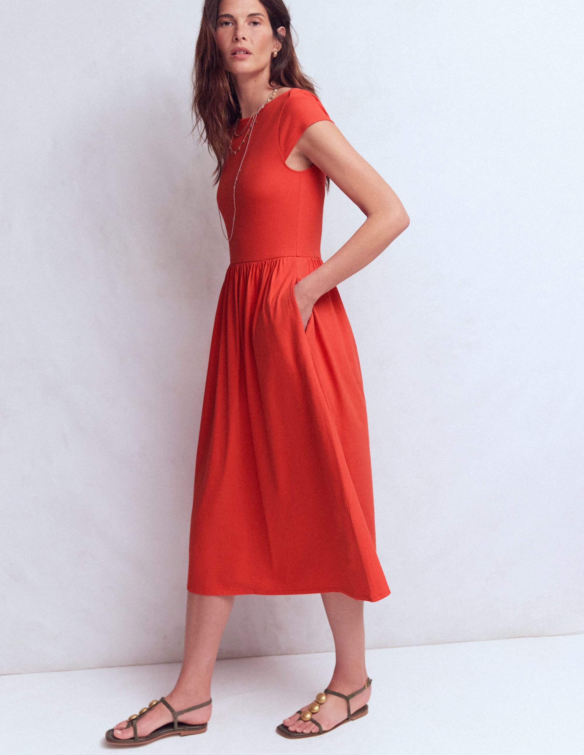 Boat Neck Mix Dress-Blood Orange - Image 1
