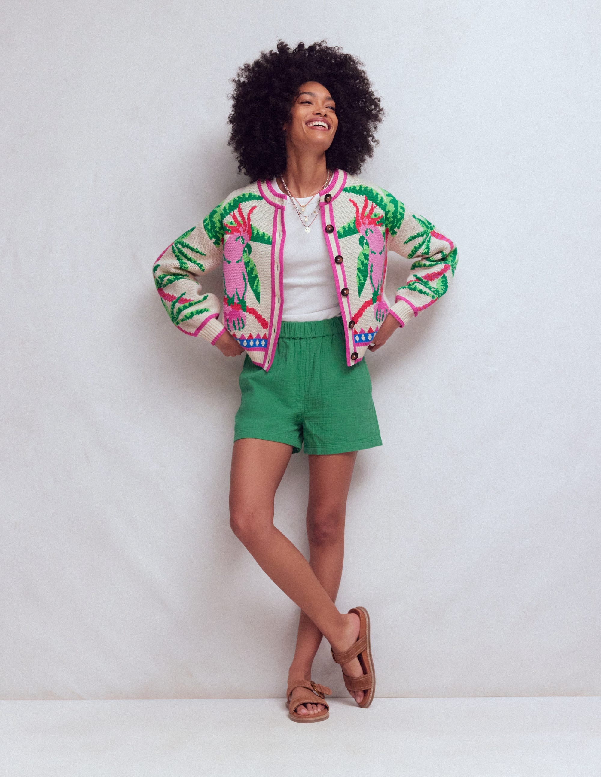 Abi Jacquard Cardigan-Warm Ivory, Palm Tree Birds - Image 1
