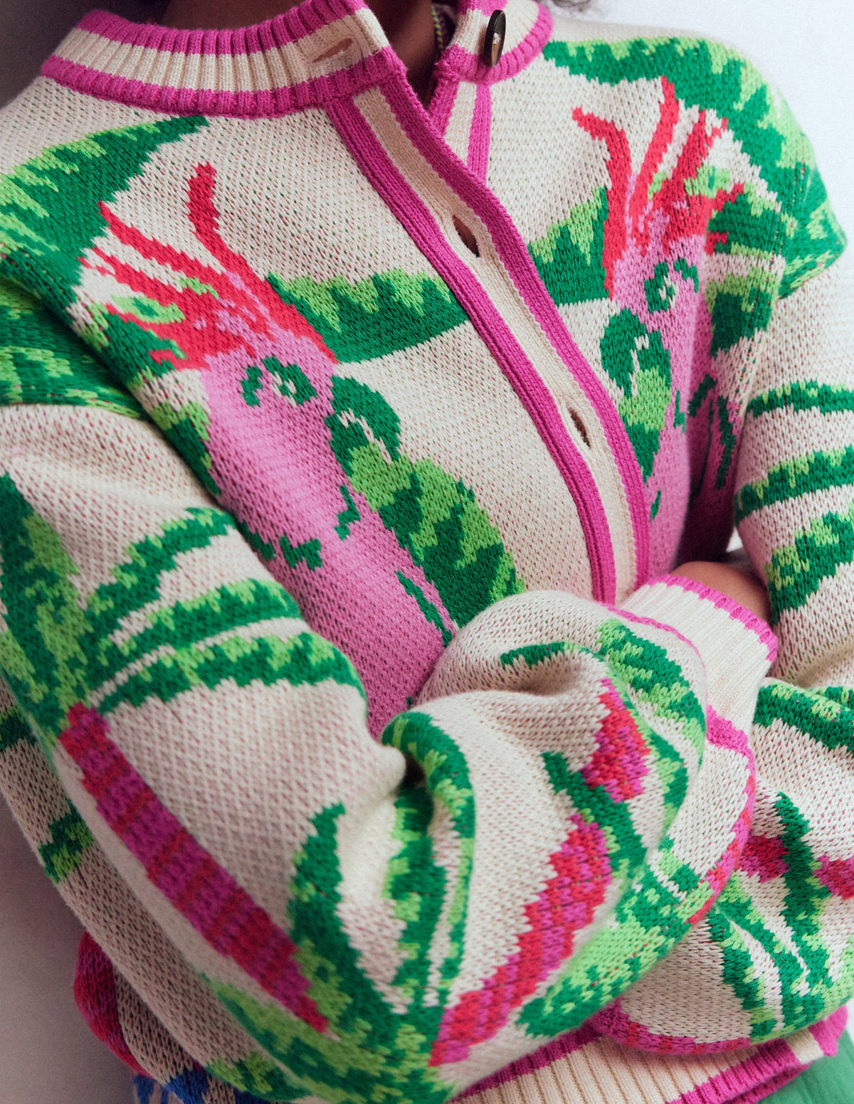 Abi Jacquard Cardigan-Warm Ivory, Palm Tree Birds - Image 2