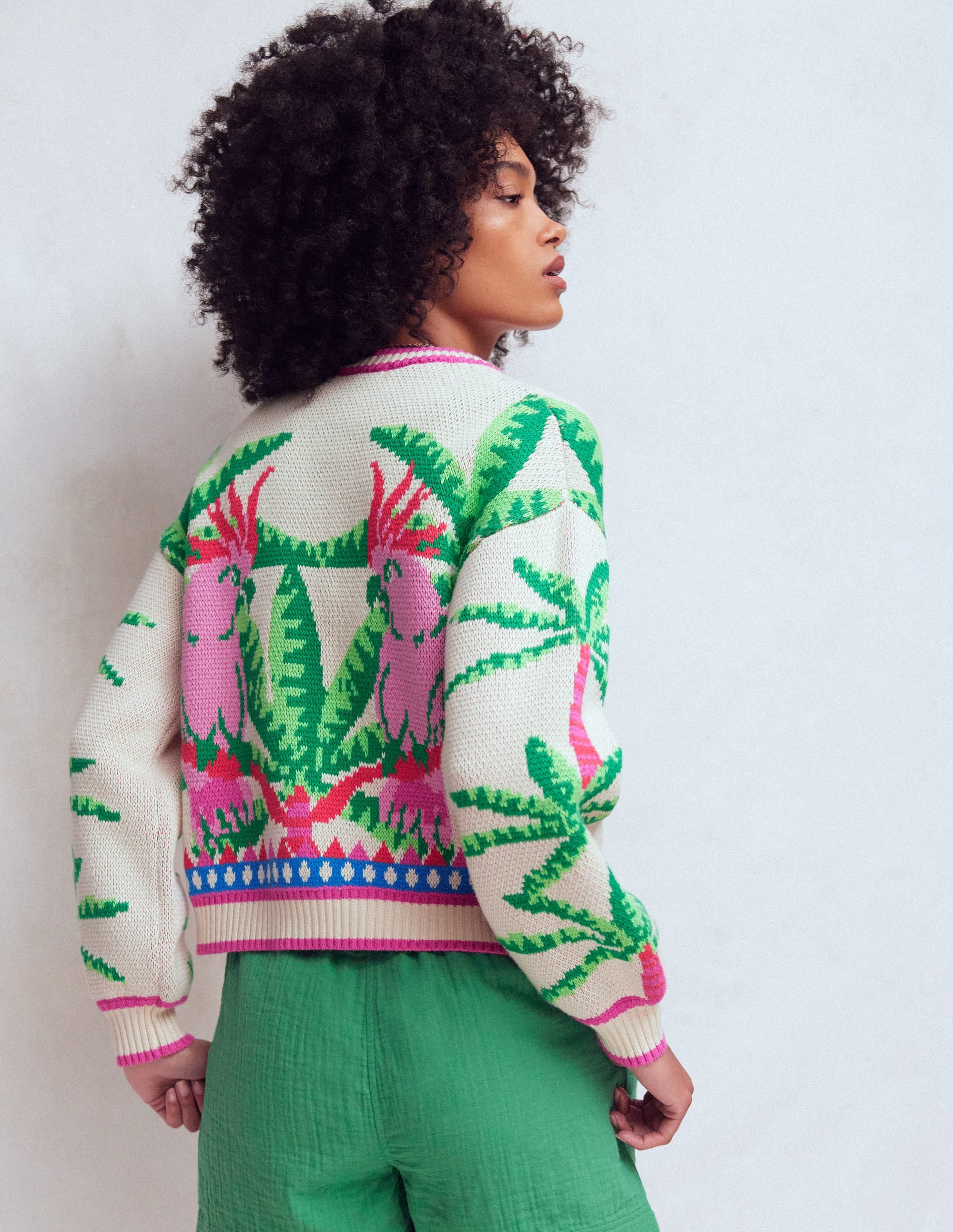 Abi Jacquard Cardigan-Warm Ivory, Palm Tree Birds - Image 3