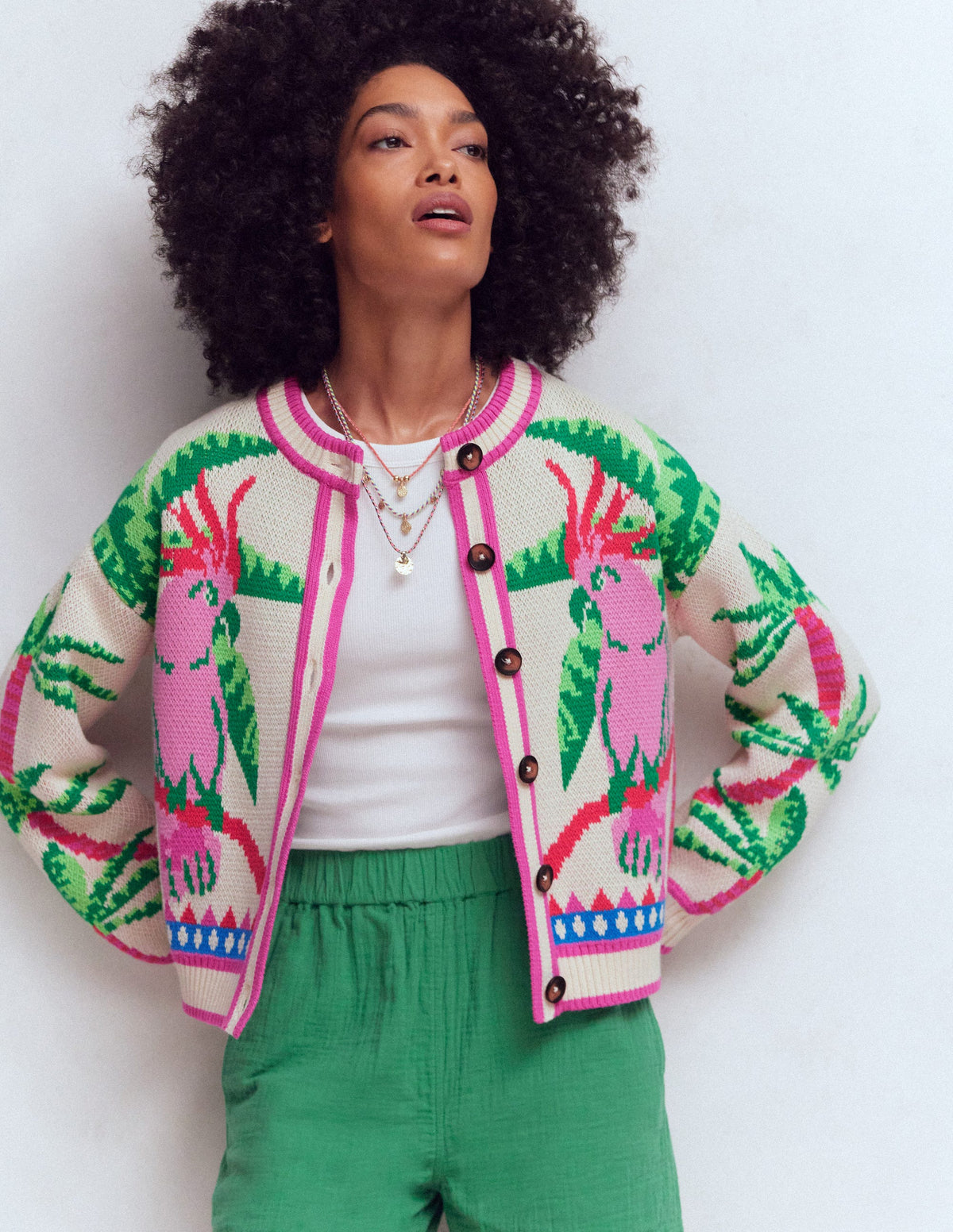 Abi Jacquard Cardigan-Warm Ivory, Palm Tree Birds - Image 4