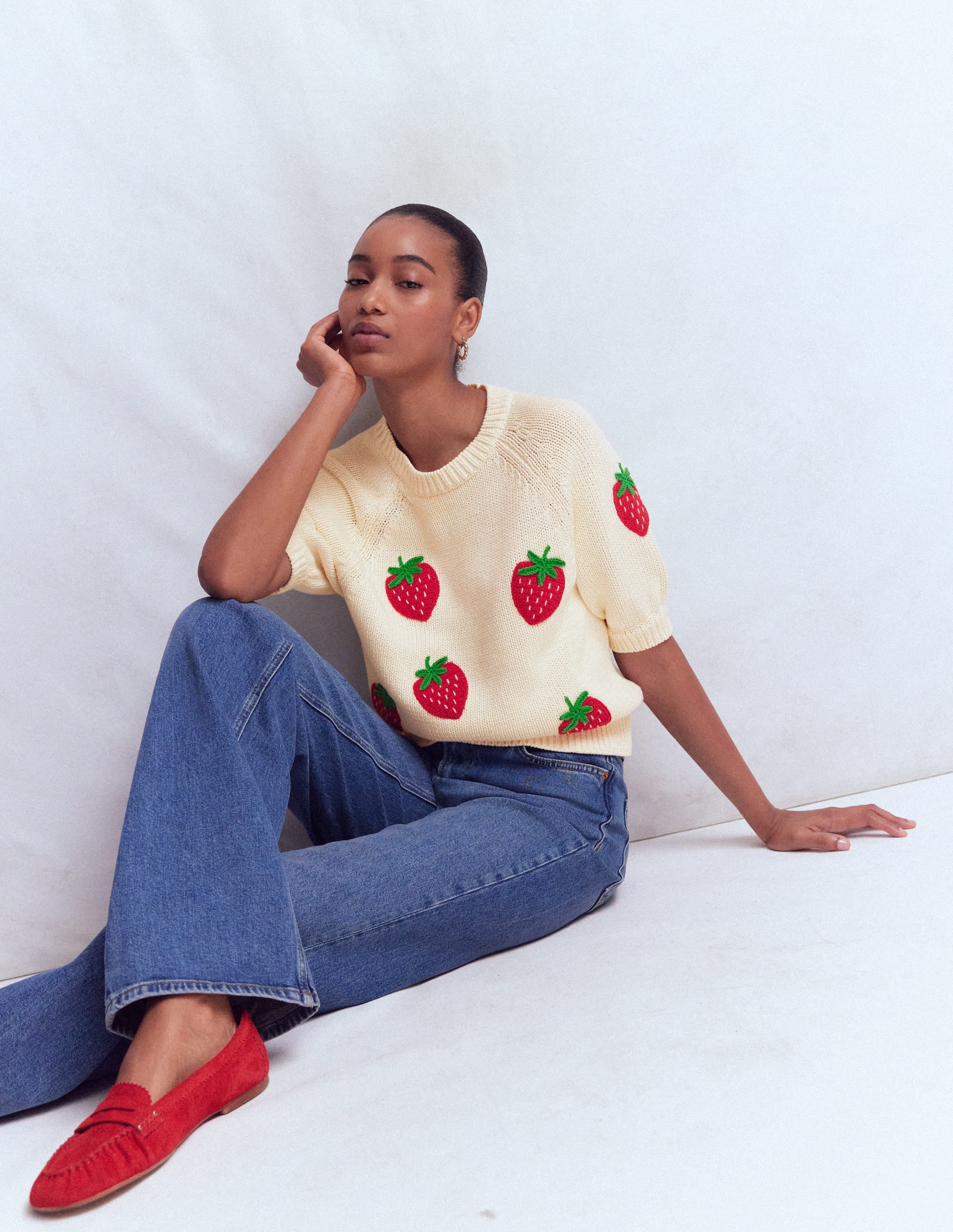 Margot Puff Sleeve T-Shirt-Warm Ivory Strawberry - Image 2