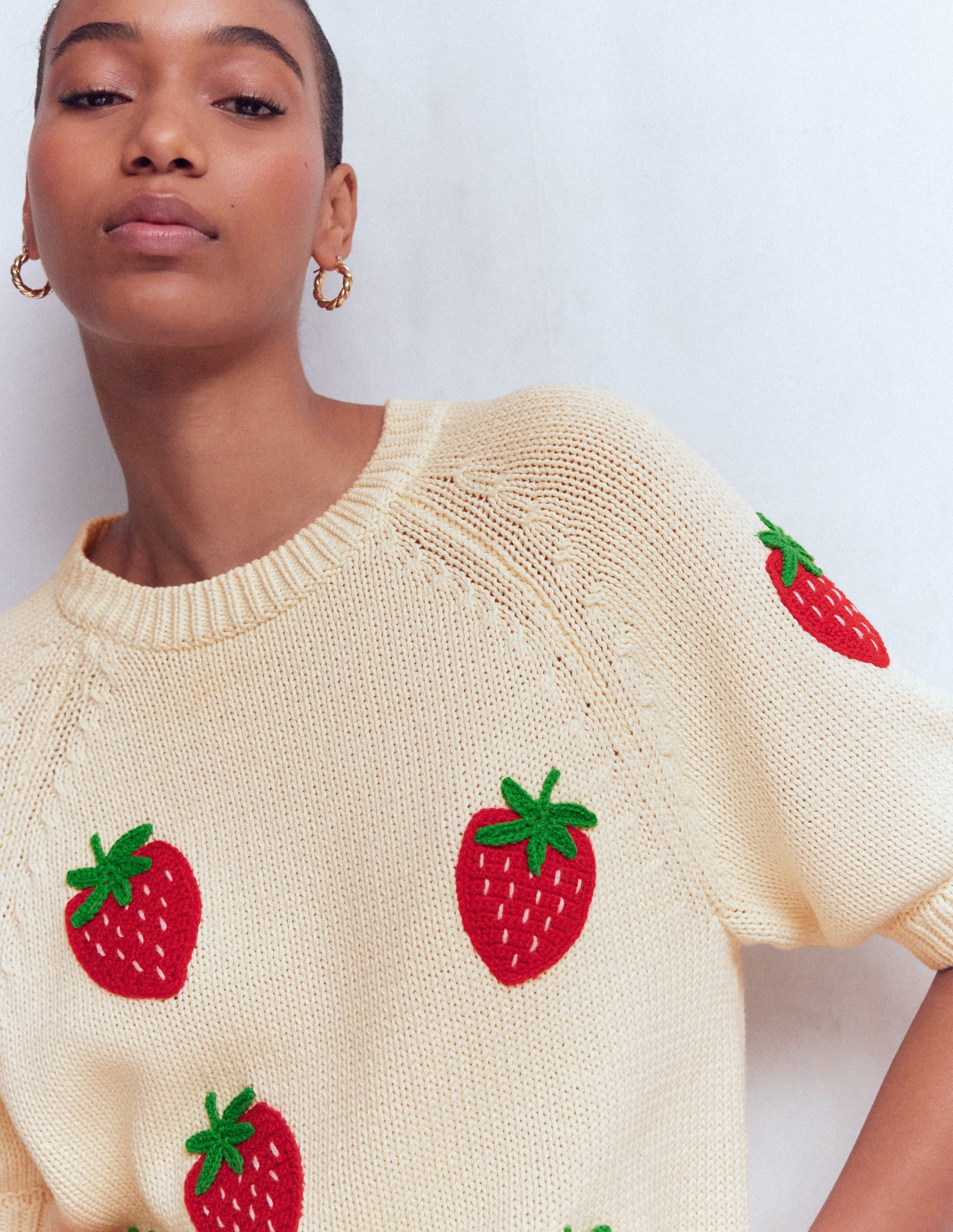 Margot Puff Sleeve T-Shirt-Warm Ivory Strawberry - Image 3