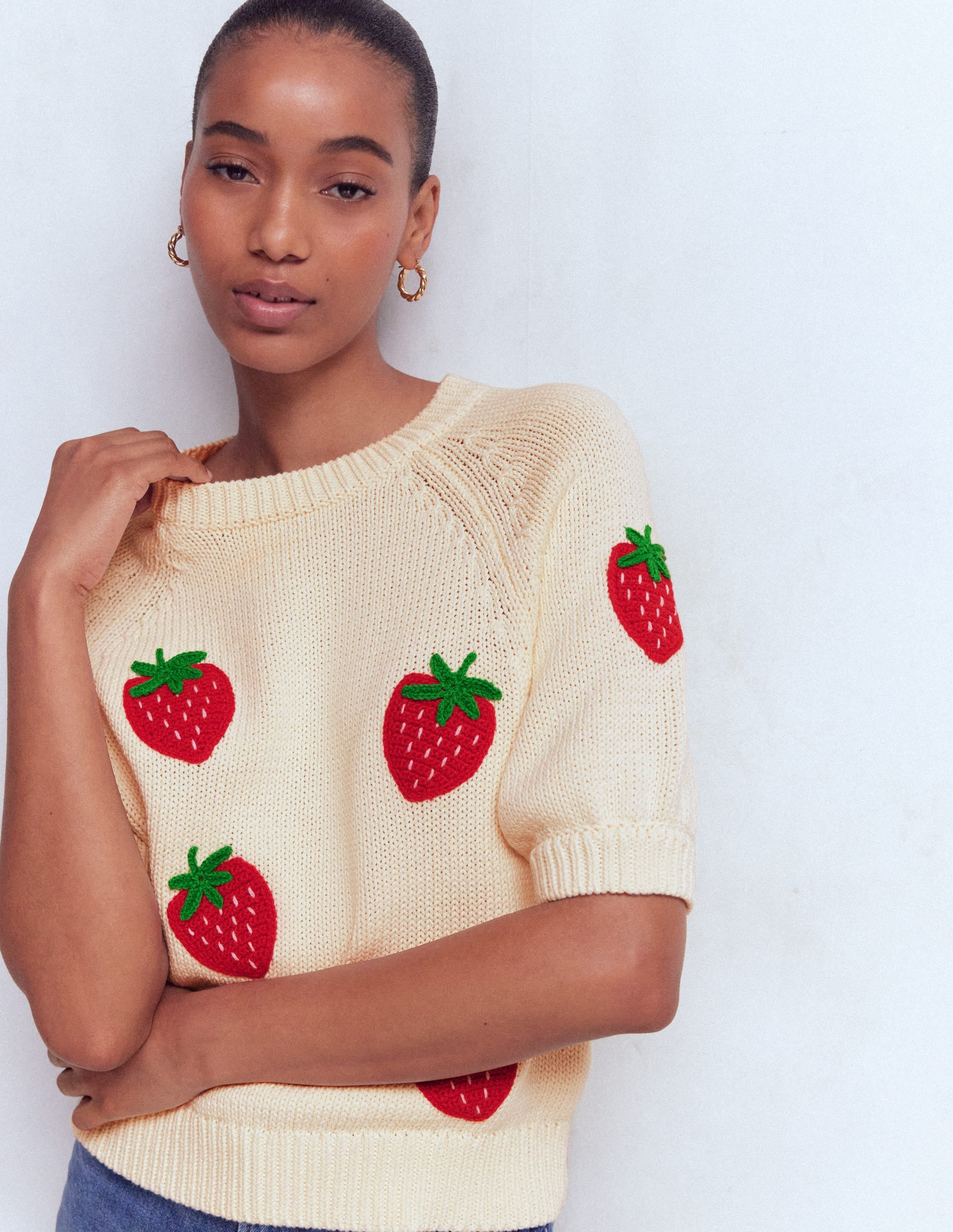 Margot Puff Sleeve T-Shirt-Warm Ivory Strawberry - Image 5