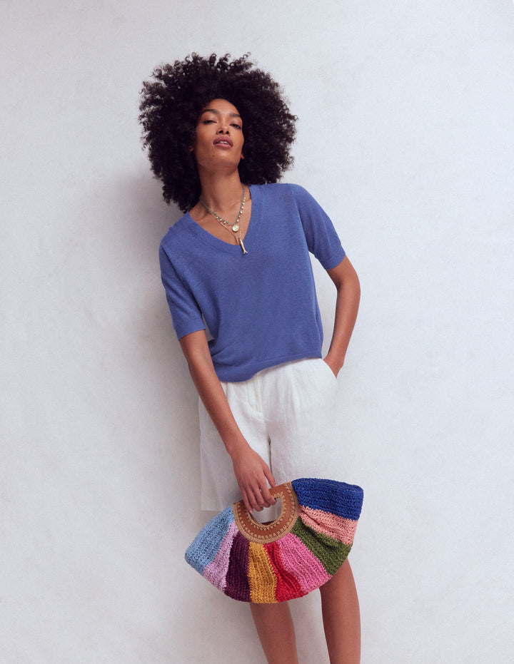 Agnes Linen V Neck T-Shirt-Solid Blue