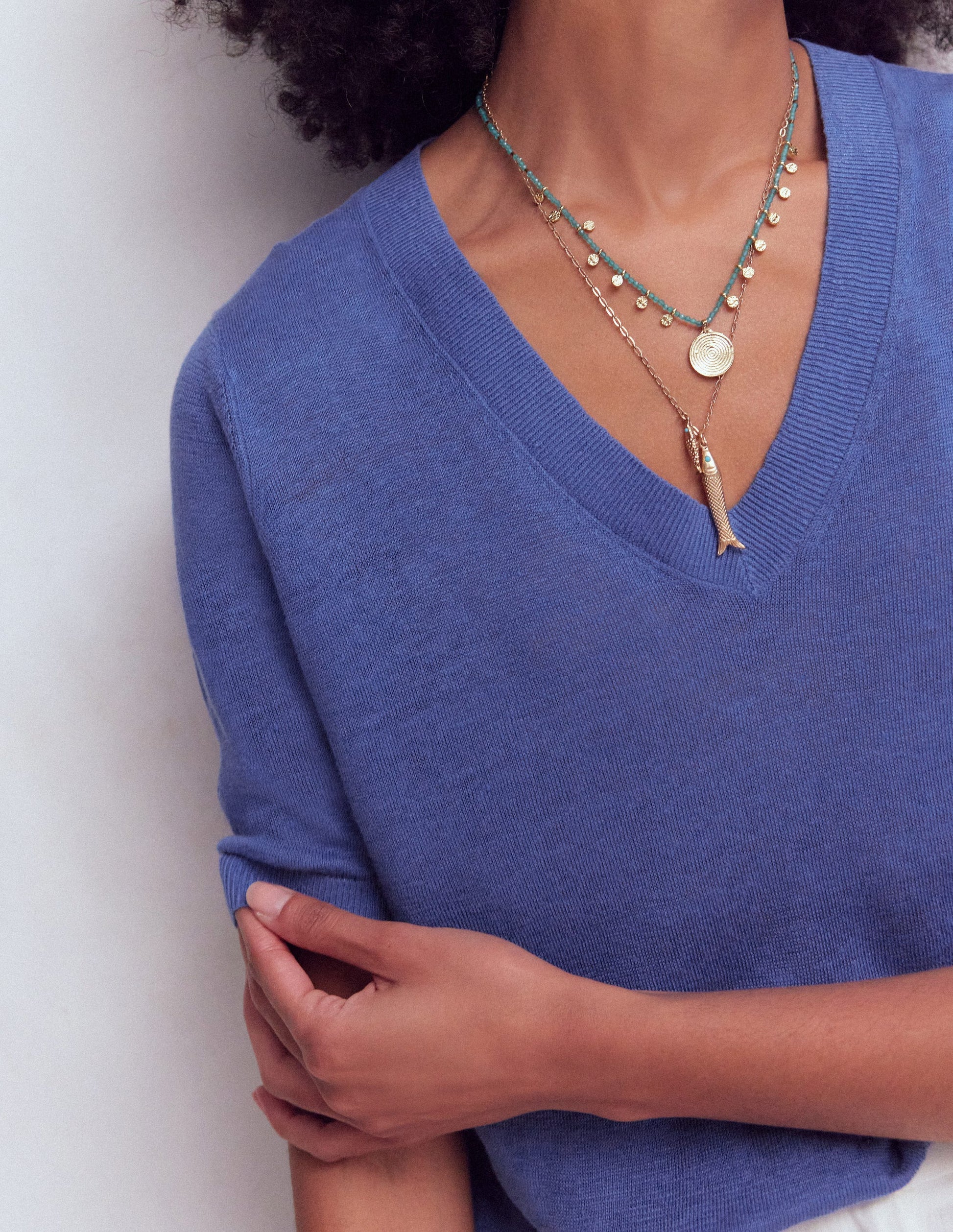 Agnes Linen V Neck T-Shirt-Solid Blue-2
