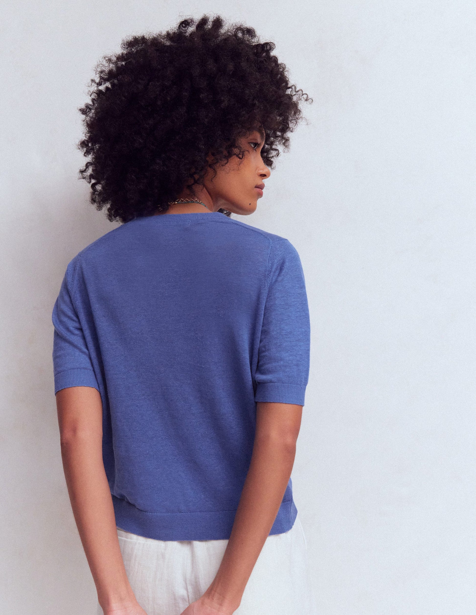 Agnes Linen V Neck T-Shirt-Solid Blue-3
