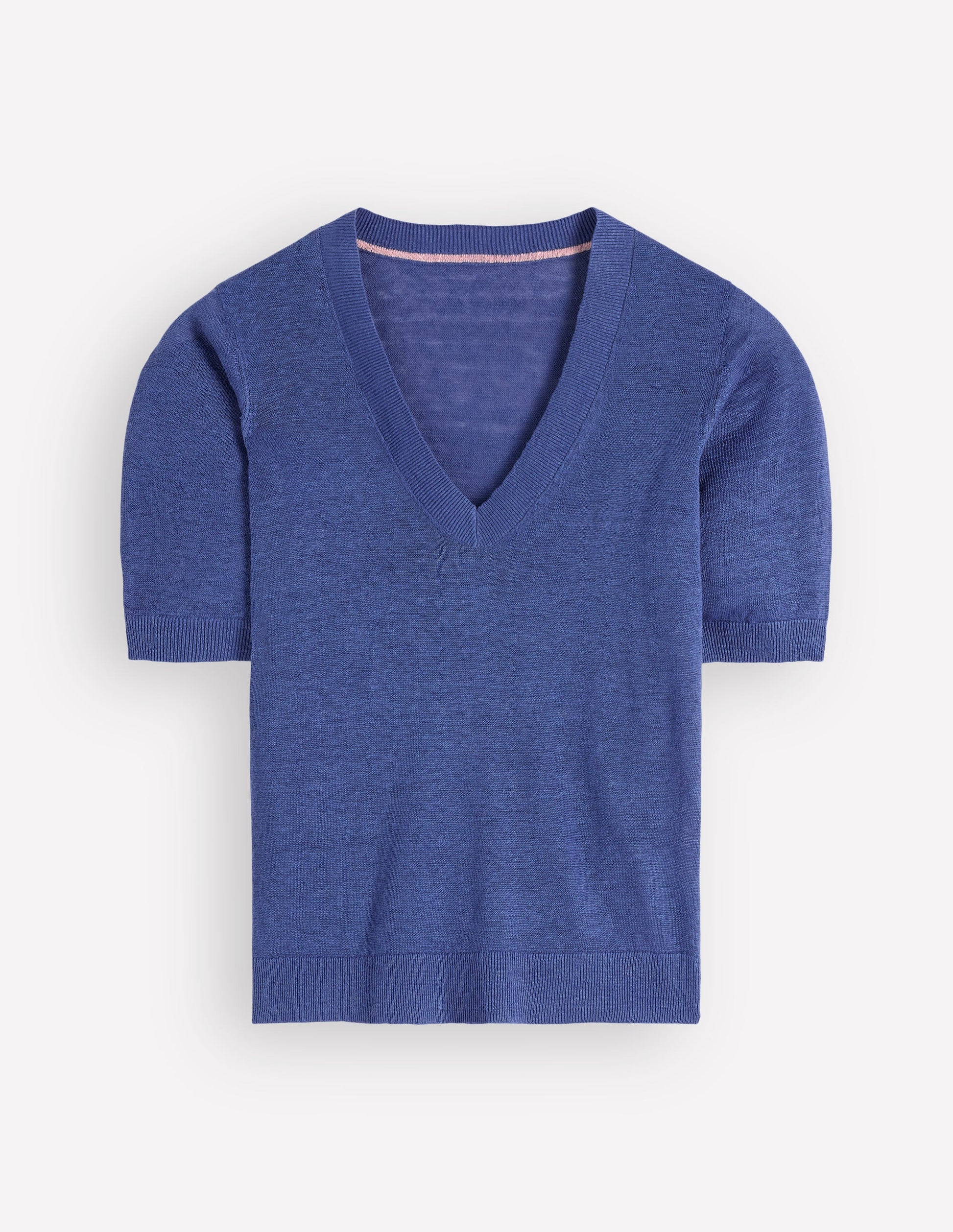 Agnes Linen V Neck T-Shirt-Solid Blue-5