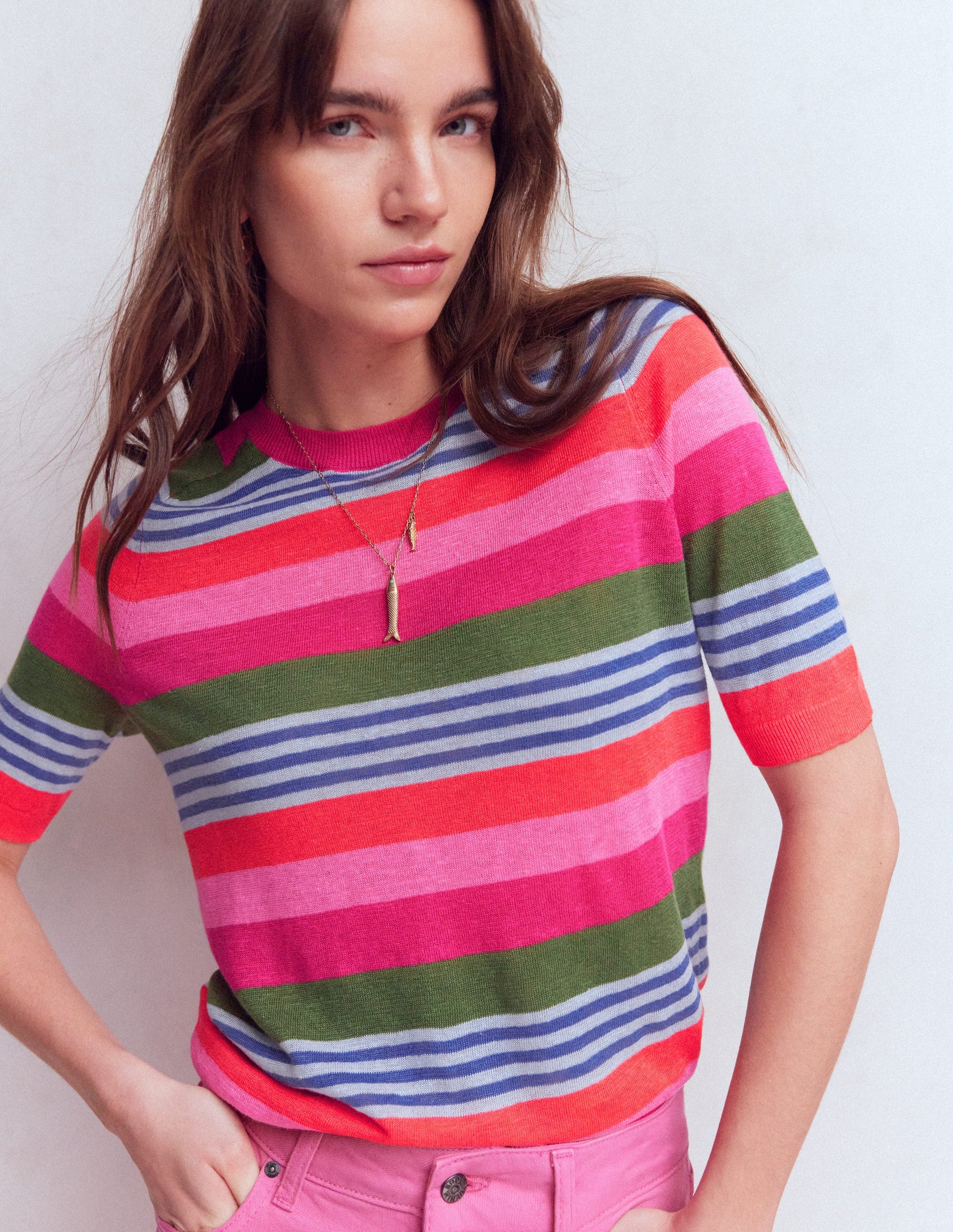 Agnes Linen Button T-Shirt-Multi Stripe-1