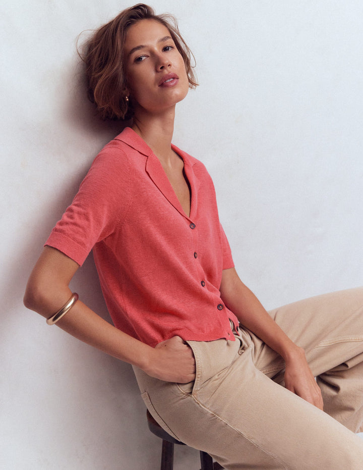 Agnes Collar Linen Cardigan-Coral