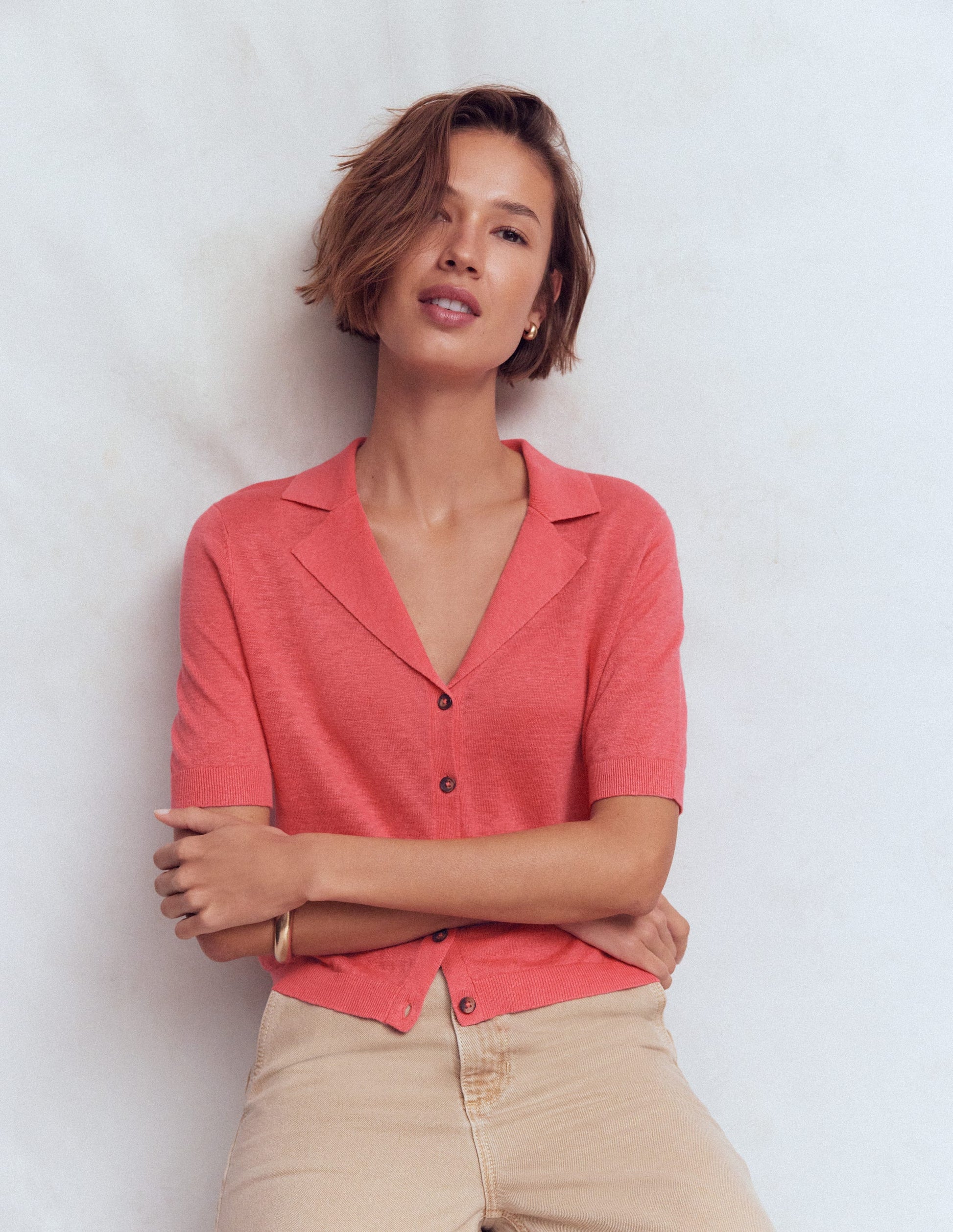 Agnes Collar Linen Cardigan-Coral-4