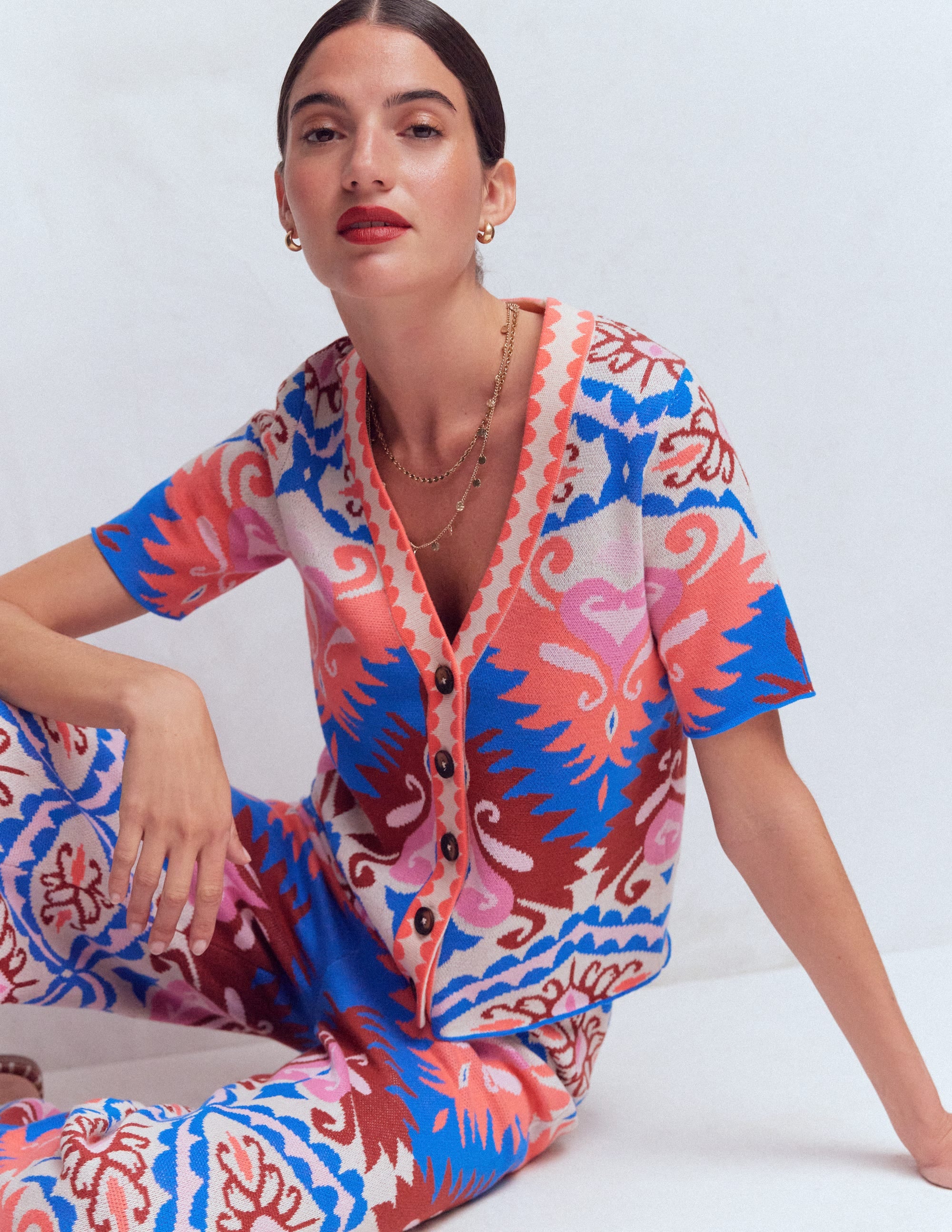 Short Sleeve Jacquard Cardigan-Aztec - Image 1