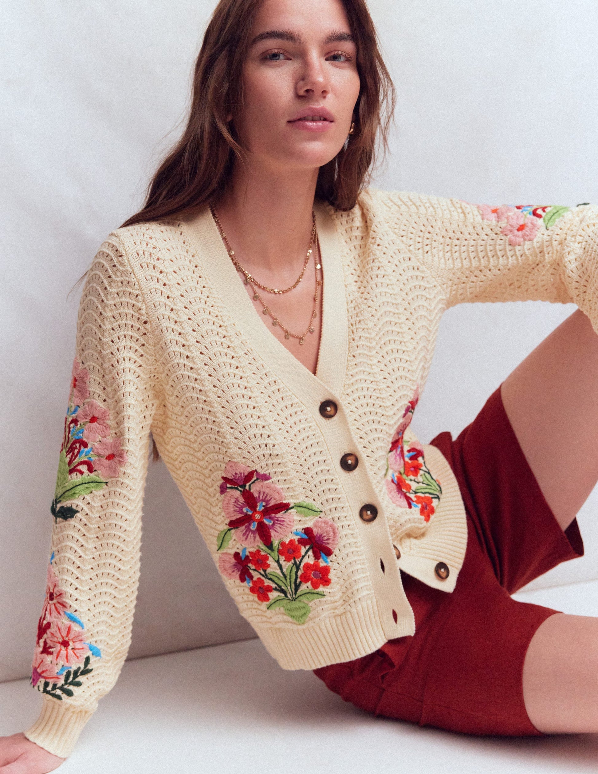 Relaxed Cotton Stitch Cardigan-Ivory, Embroidery-1