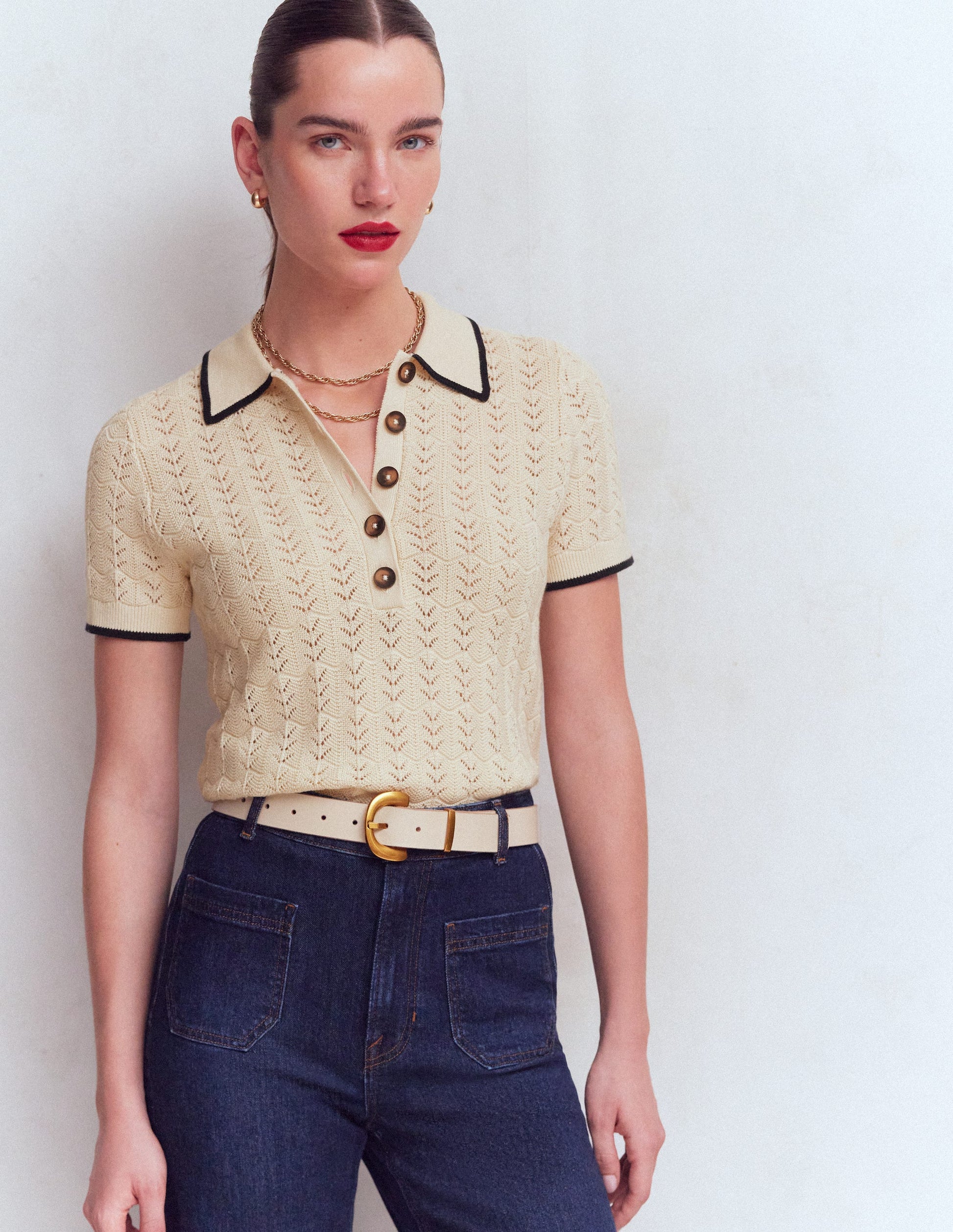 Pointelle Henley T-shirt-Cream-1