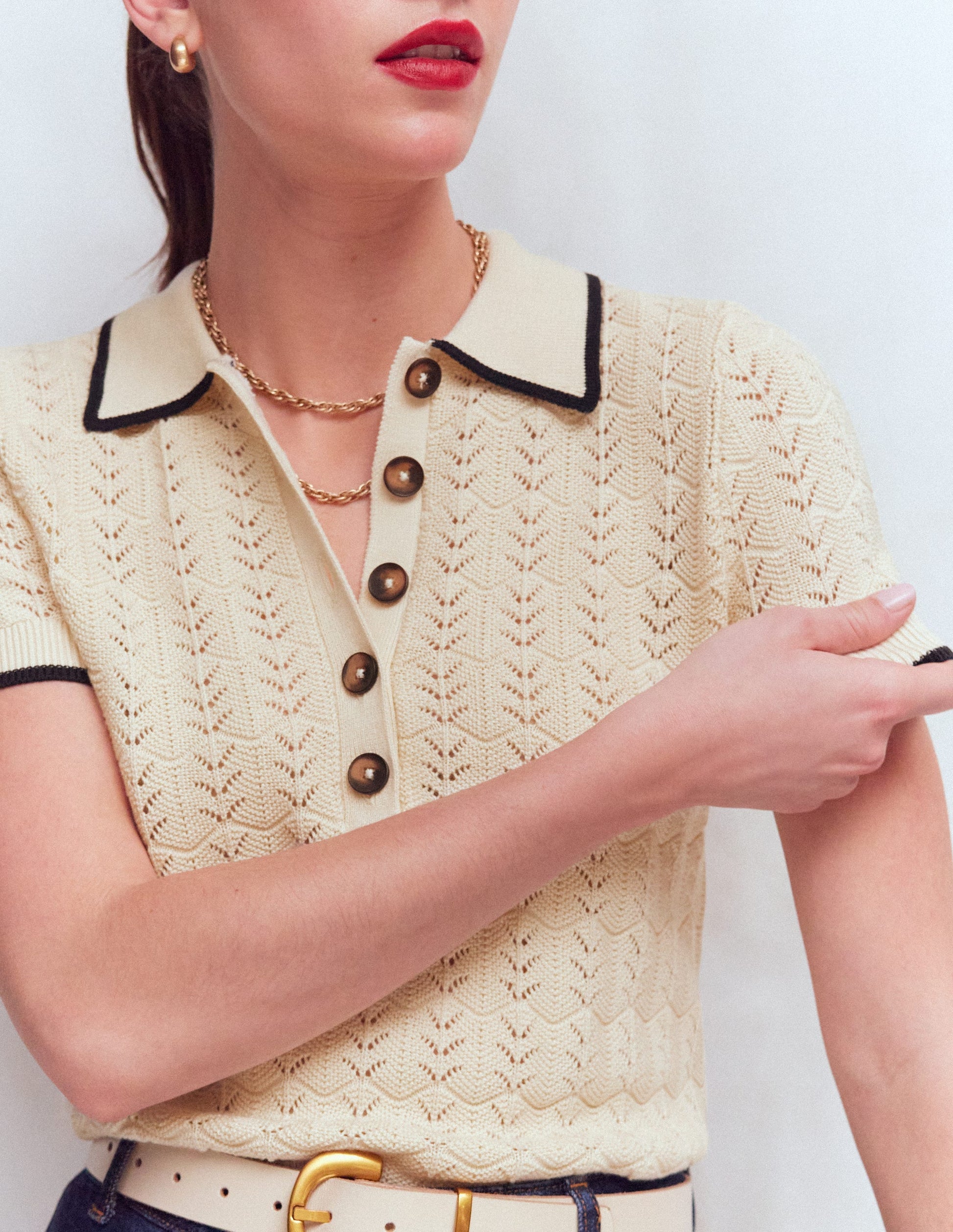Pointelle Henley T-shirt-Cream-2