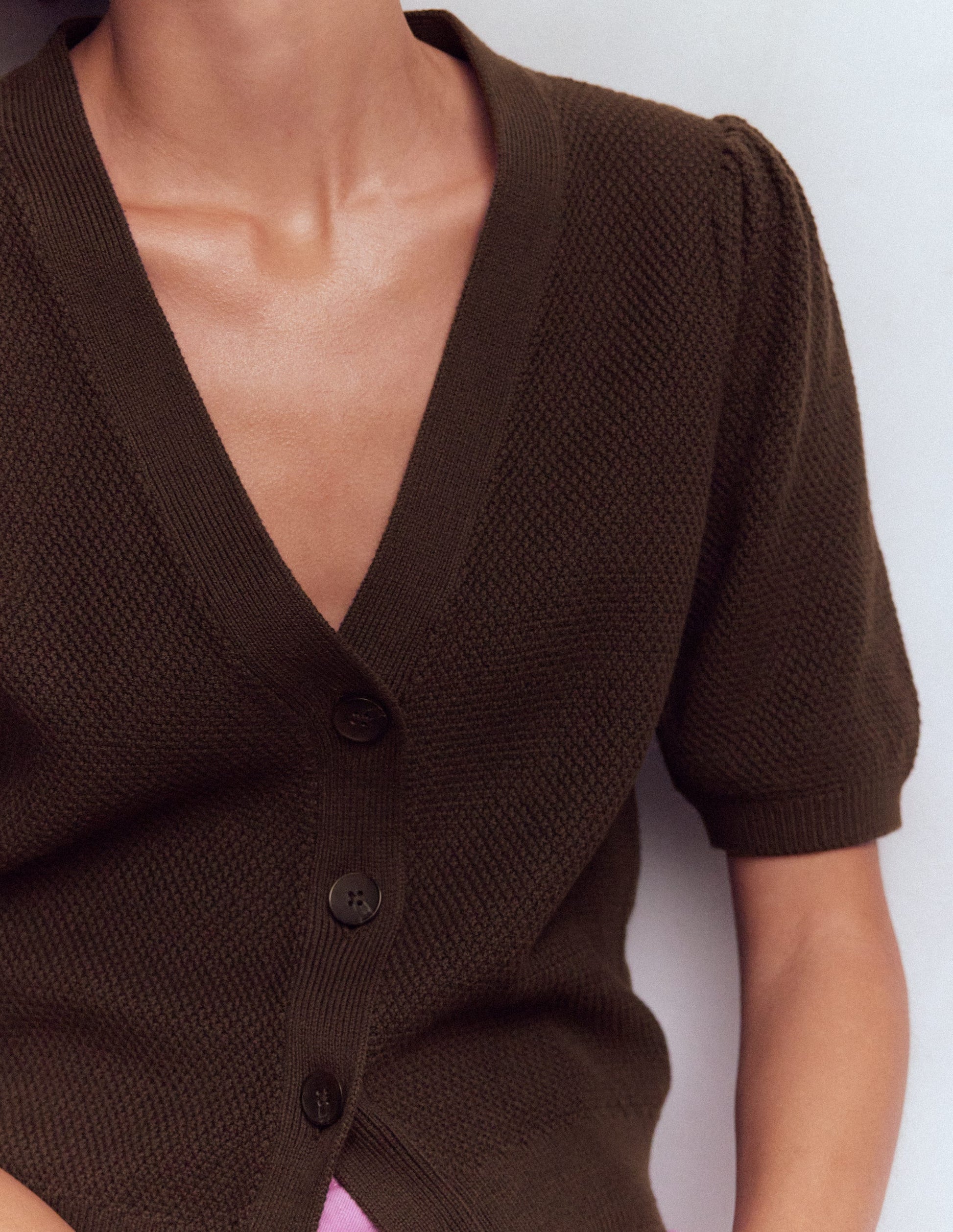 Hayley Cotton V-neck Cardigan-Espresso-2