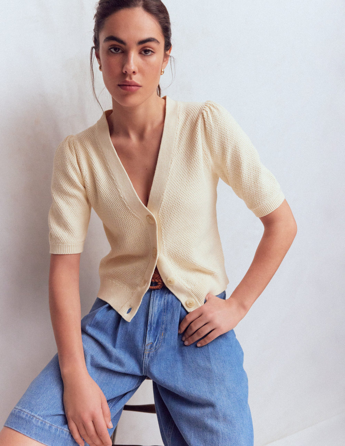 Hayley Cotton V-neck Cardigan-Warm Ivory - Image 1