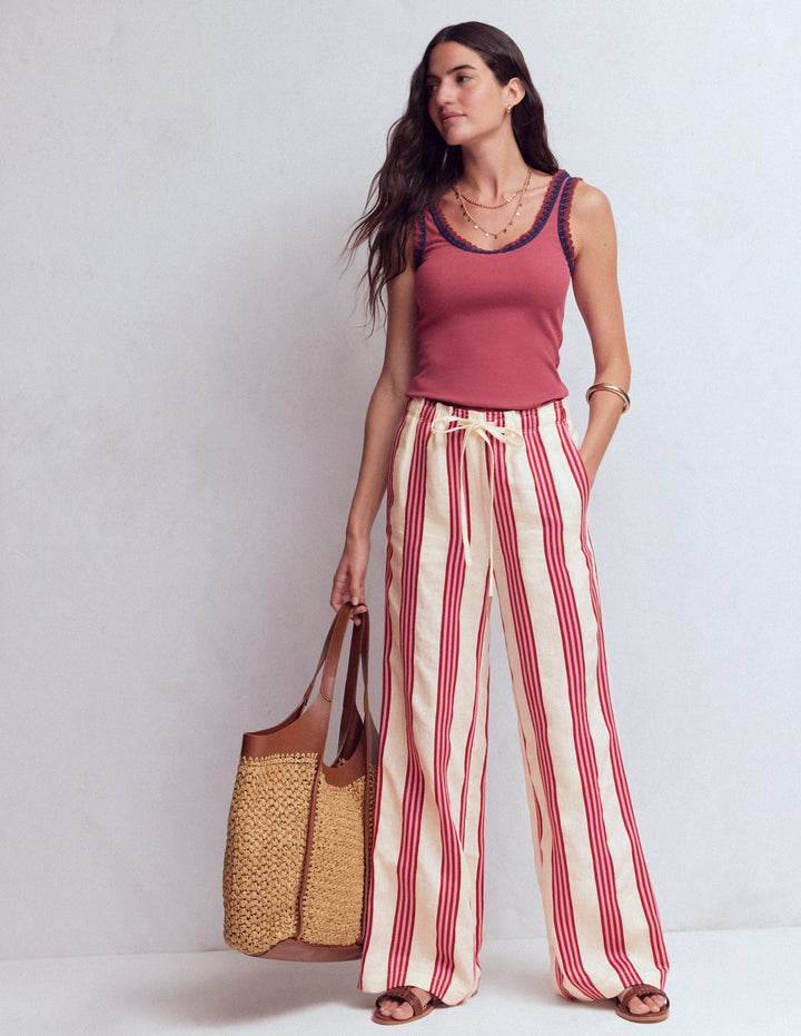 Islington Linen Trousers-Ivory, Brown & Pink Stripe