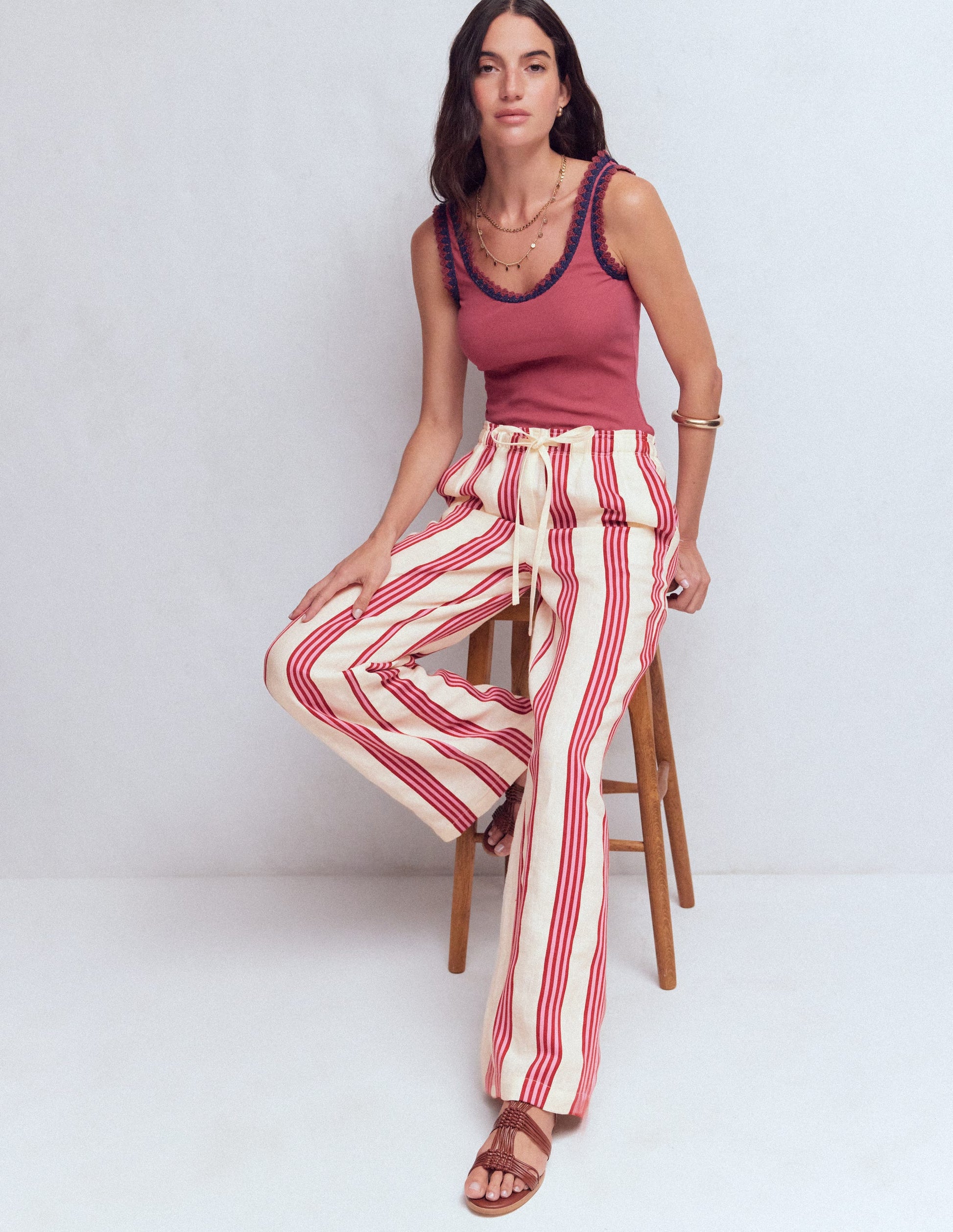 Islington Linen Trousers-Ivory, Brown & Pink Stripe-4