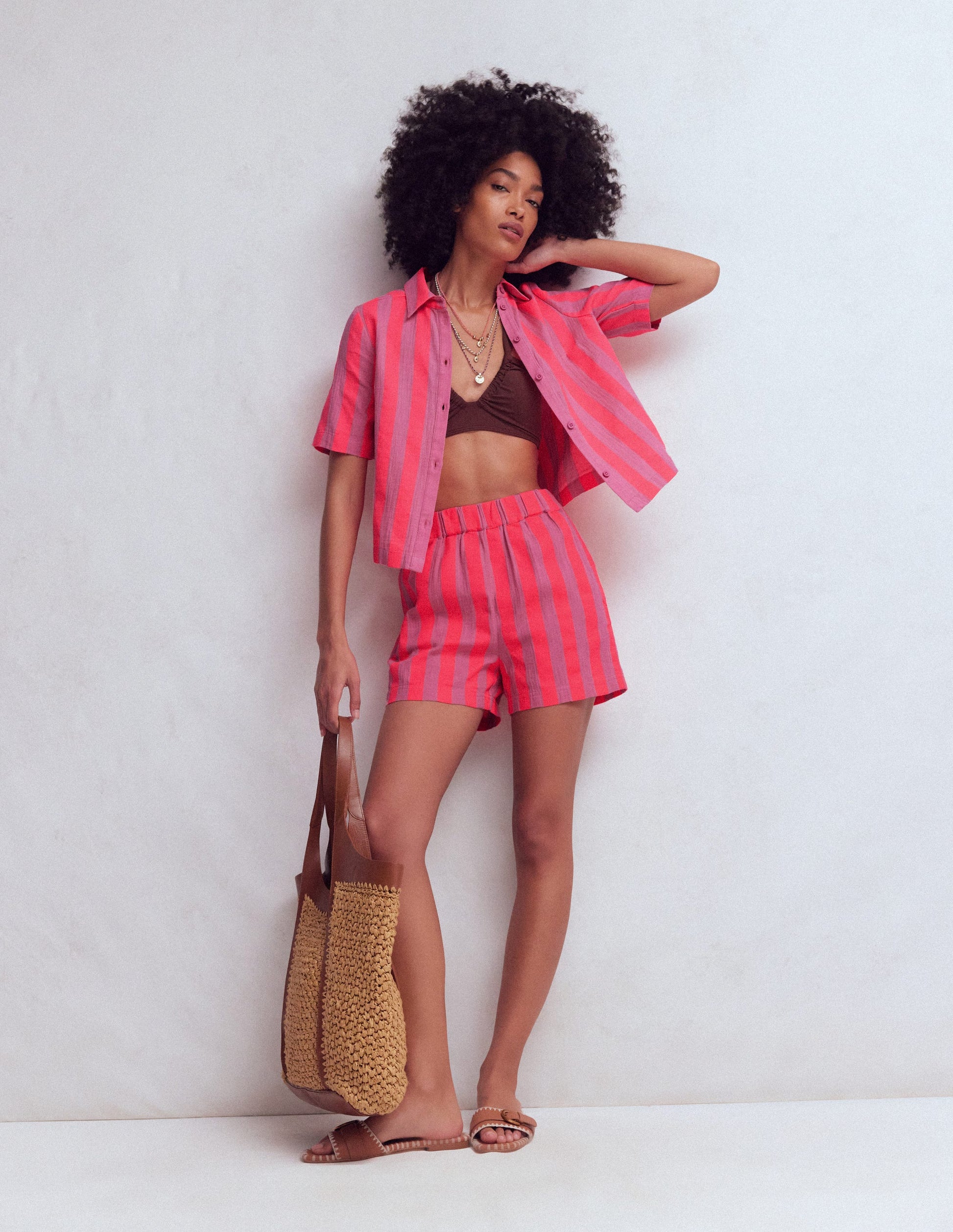 Pull On Double Cloth Shorts-Pink, Neon Coral Mid Stripe-1