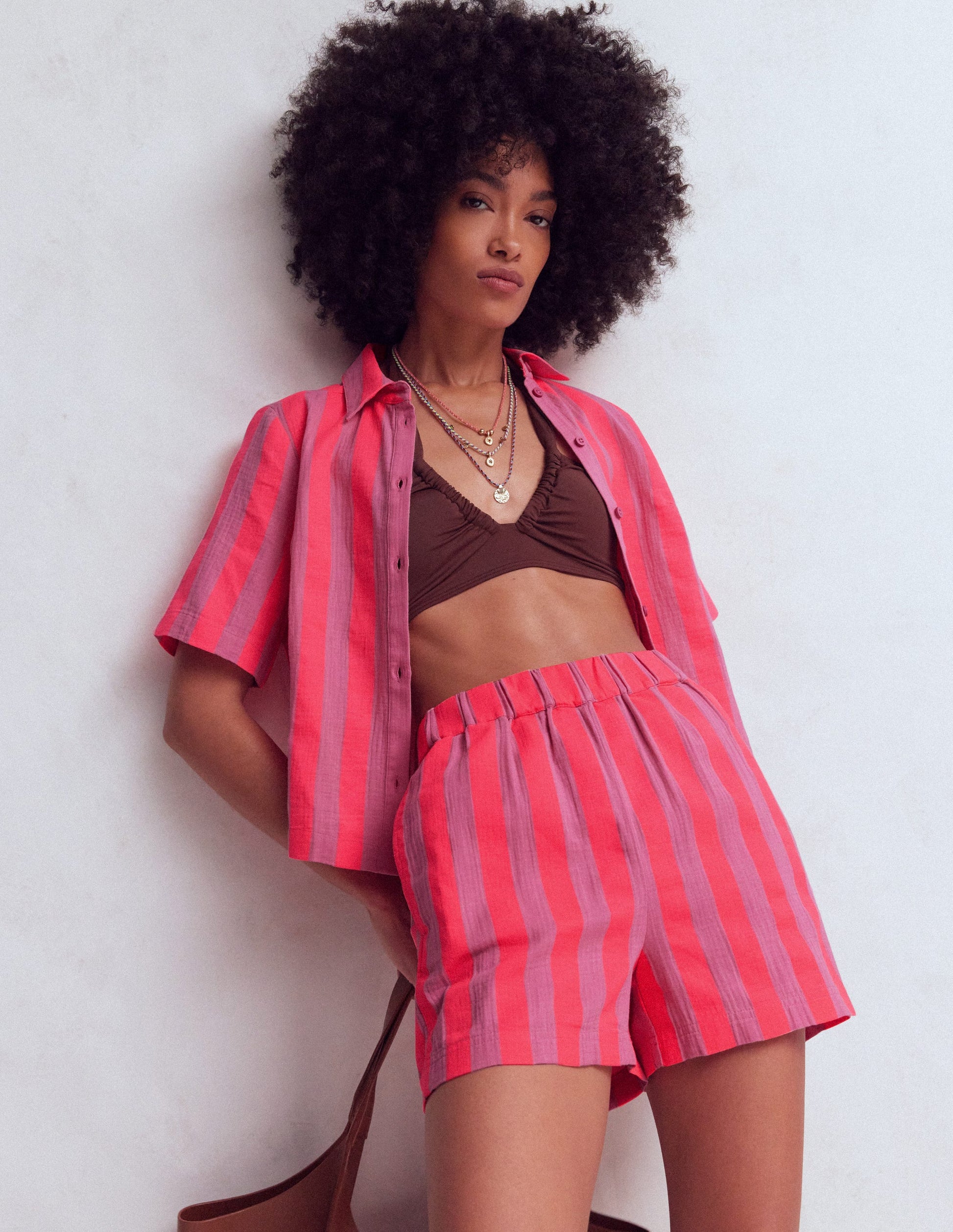 Pull On Double Cloth Shorts-Pink, Neon Coral Mid Stripe-2