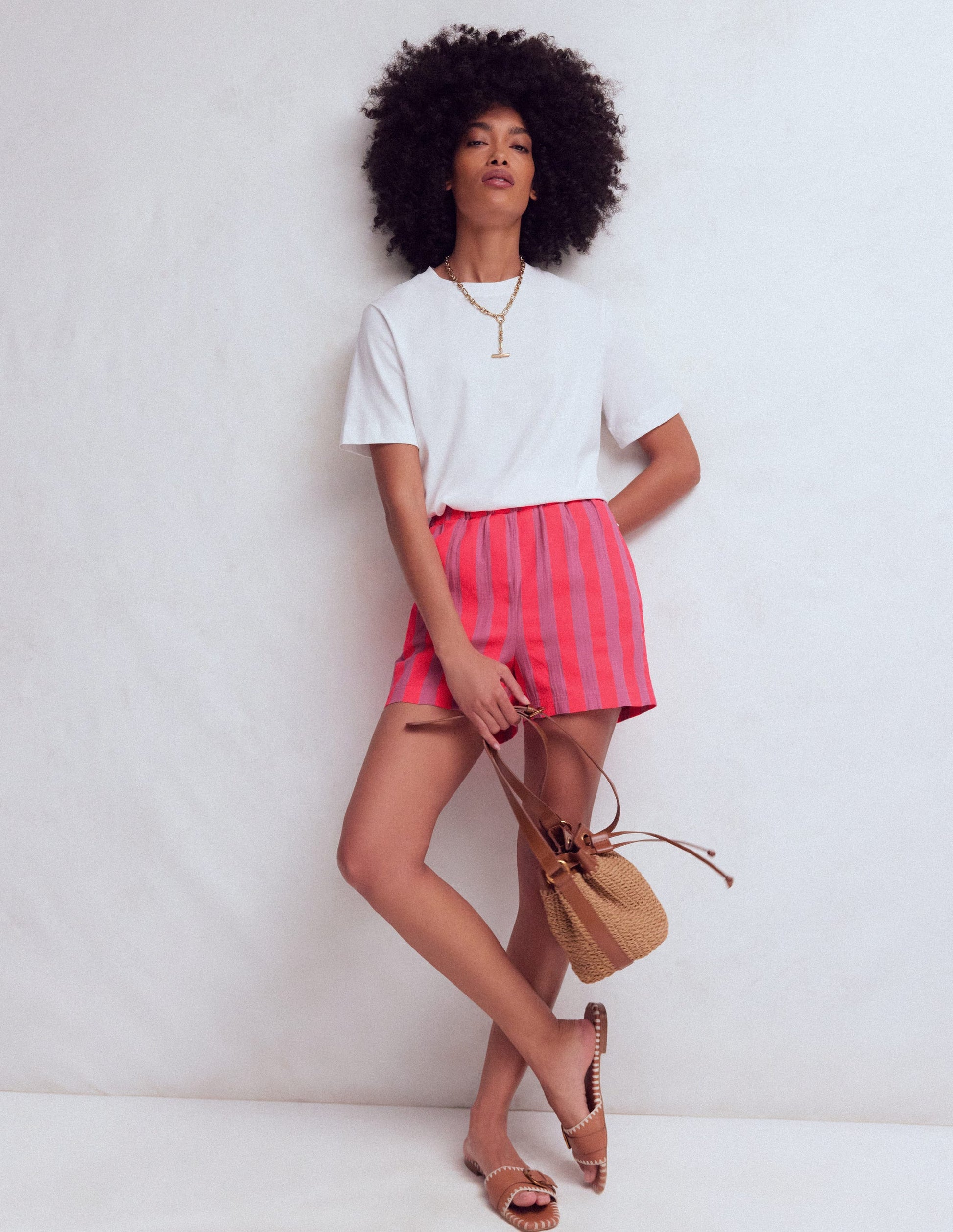 Pull On Double Cloth Shorts-Pink, Neon Coral Mid Stripe-5