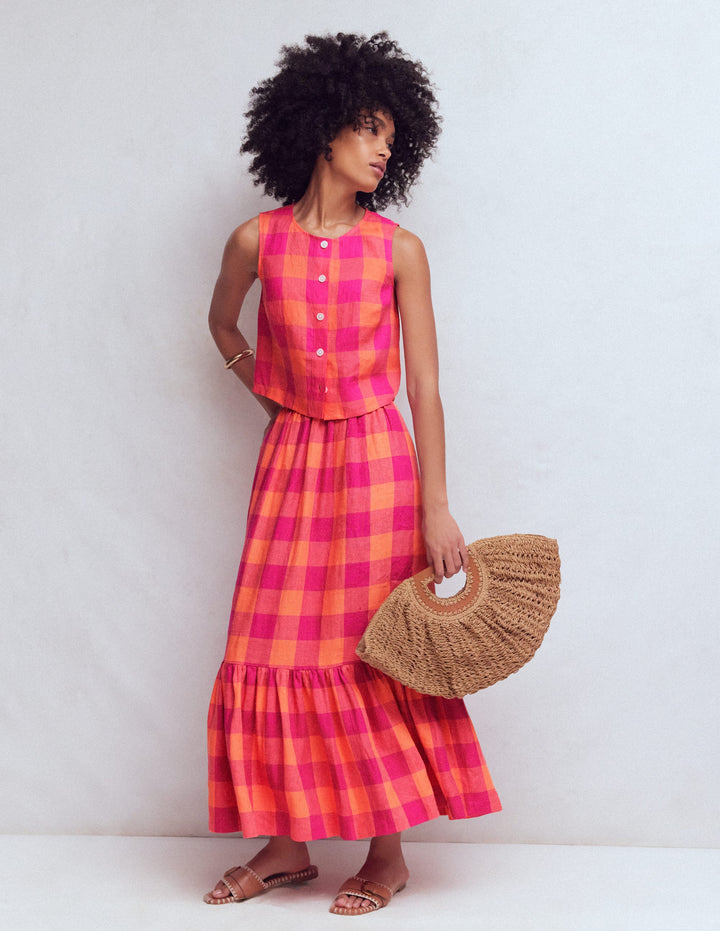 Abigail Linen Maxi Skirt-Zesty Orange, Pink Gingham