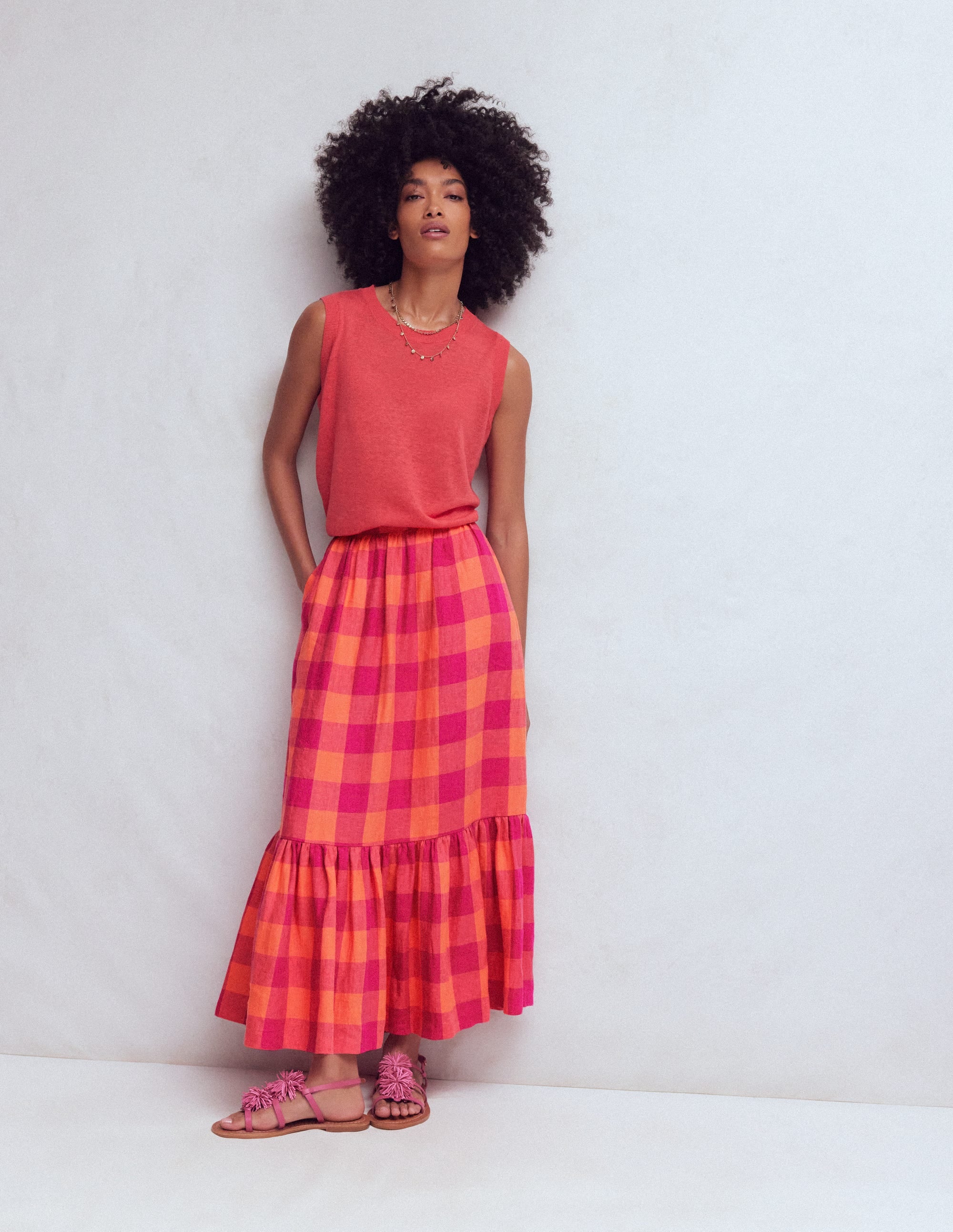 Abigail Linen Maxi Skirt-Zesty Orange, Pink Gingham - Image 4