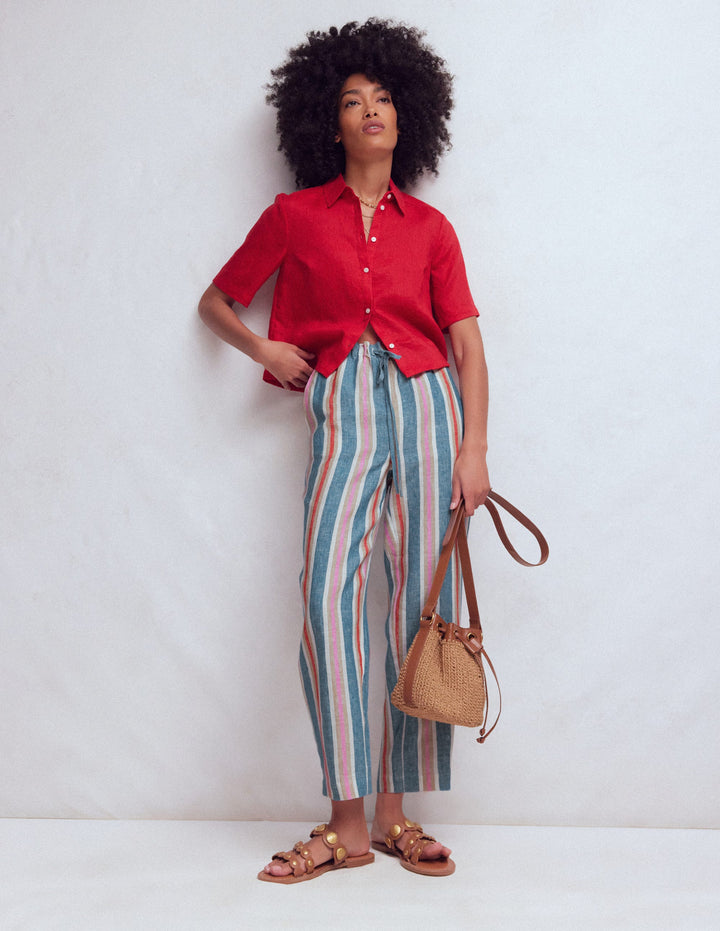 Islington Linen Crop Trousers-Blue, Pink, Red Multistripe