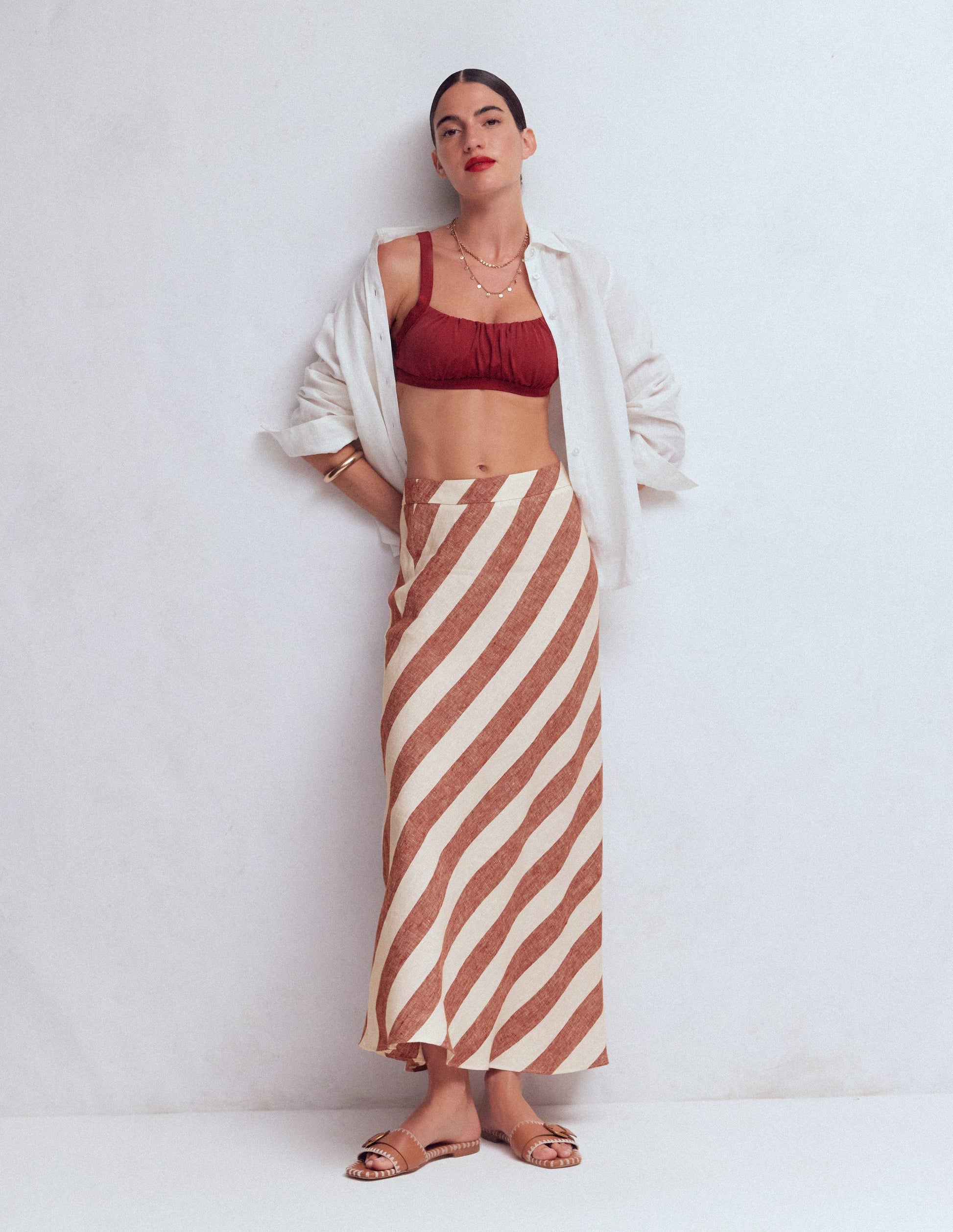 Bias Cut Linen Slip Skirt-Brown Diagonal Stripe-1