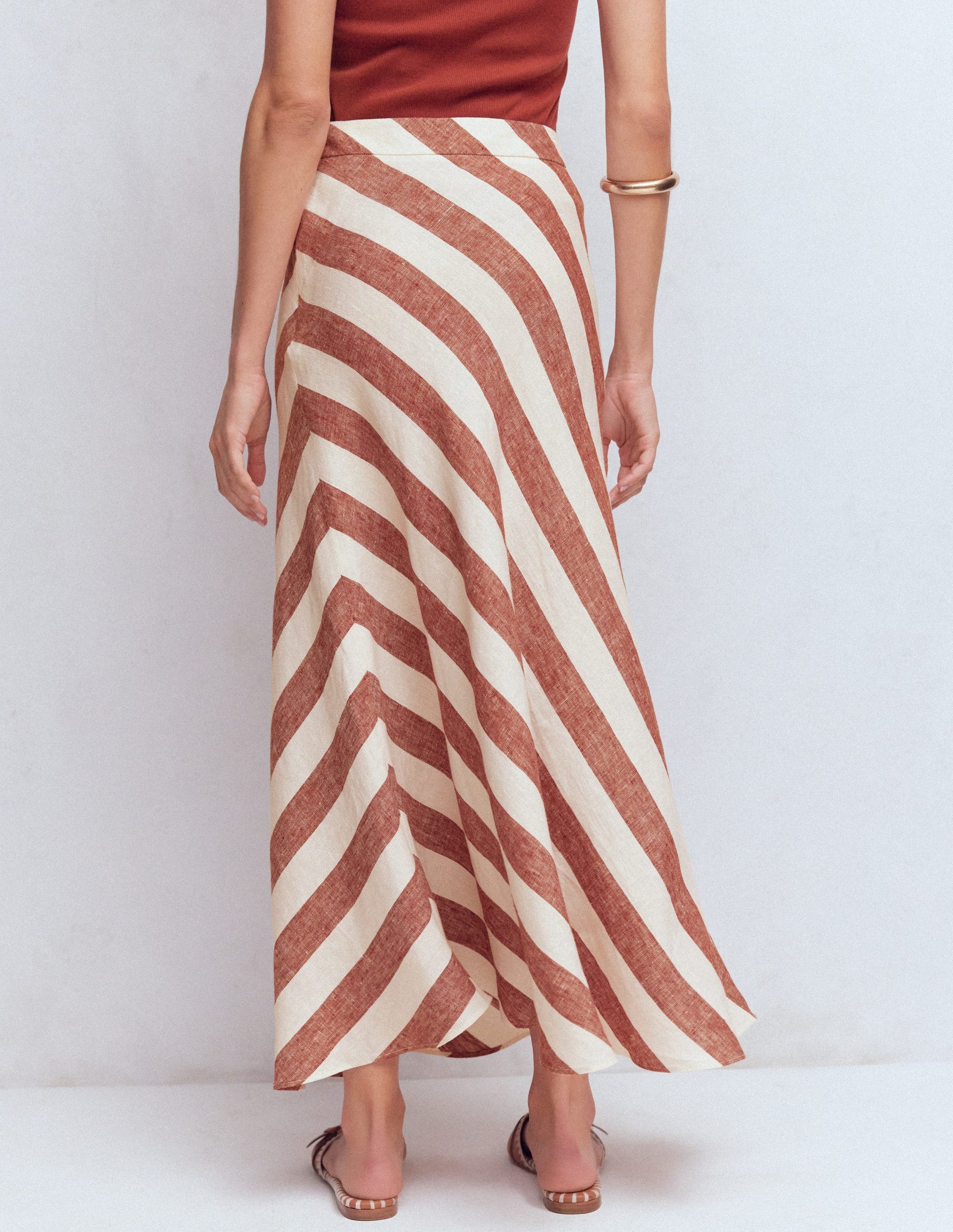 Bias Cut Linen Slip Skirt-Brown Diagonal Stripe-3