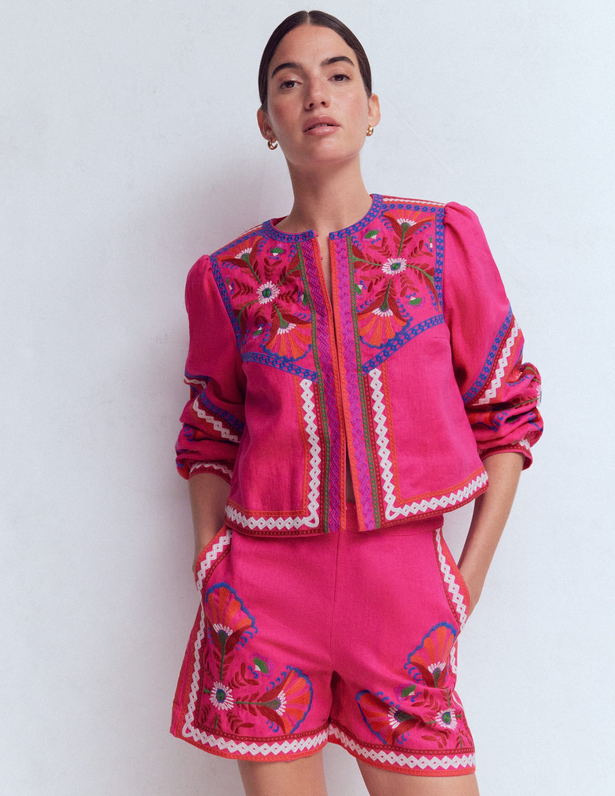 Embroidered Linen Shorts-Pink Peony, Embroidered - Image 1