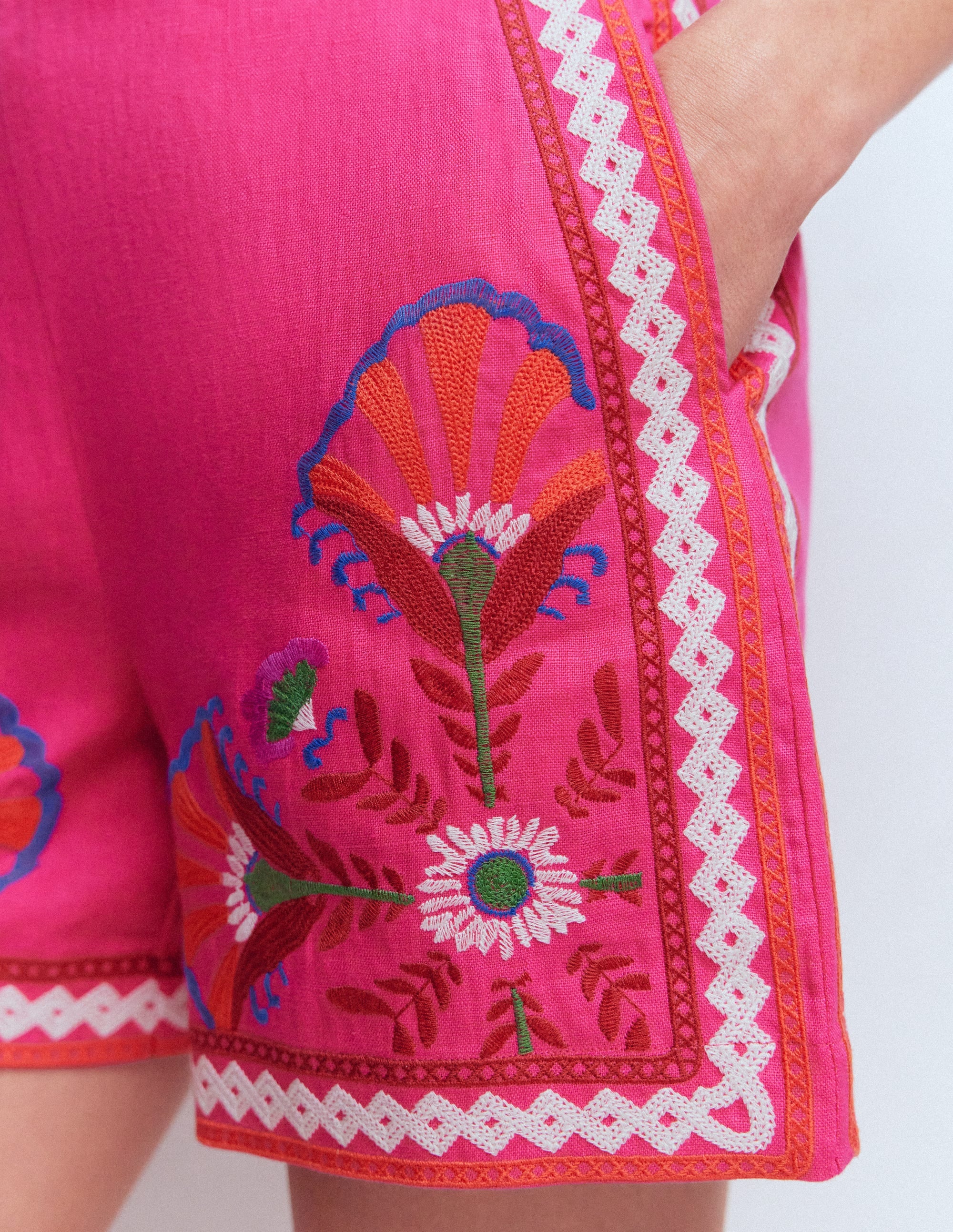 Embroidered Linen Shorts-Pink Peony, Embroidered - Image 2