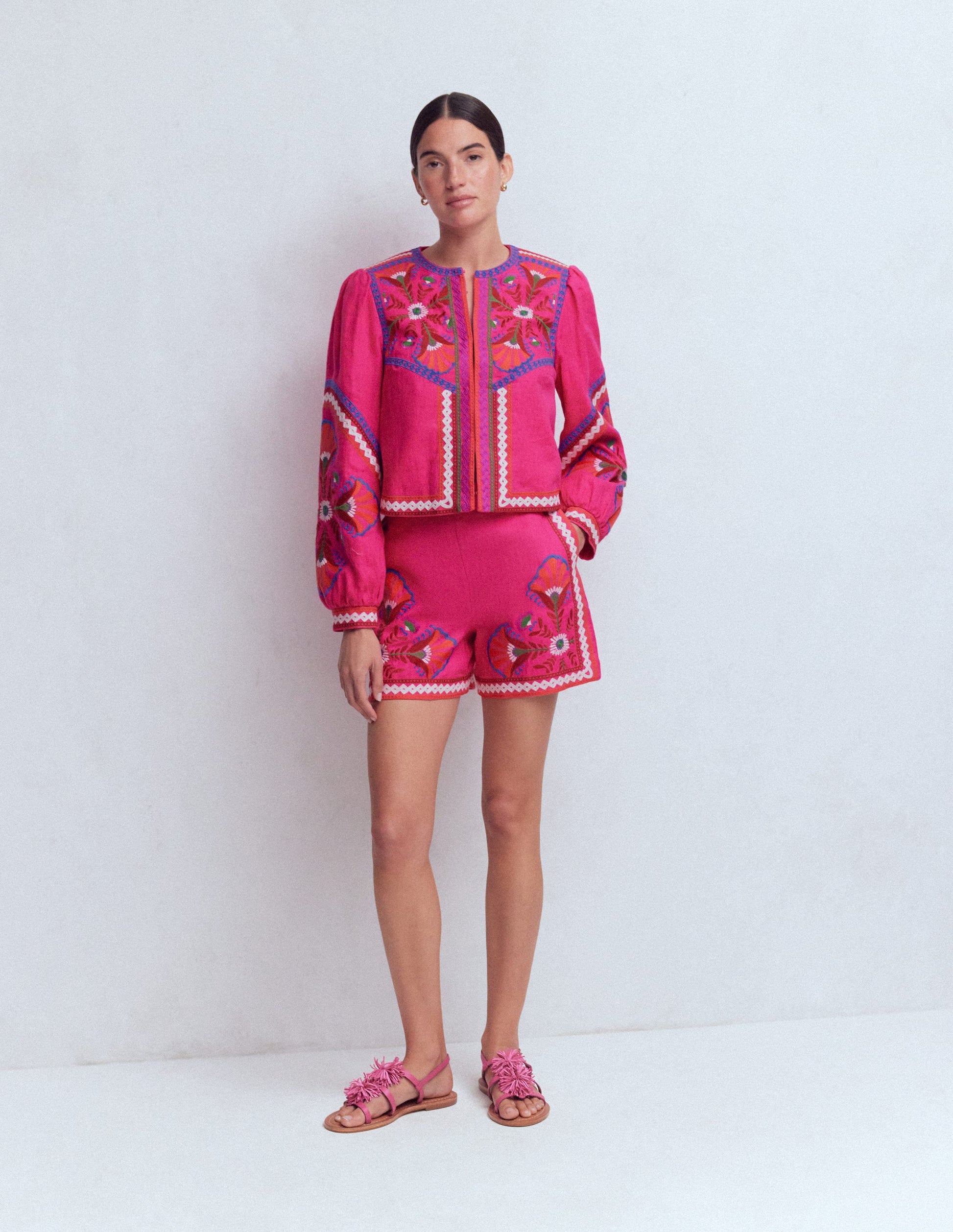 Embroidered Linen Shorts-Pink Peony, Embroidered-4