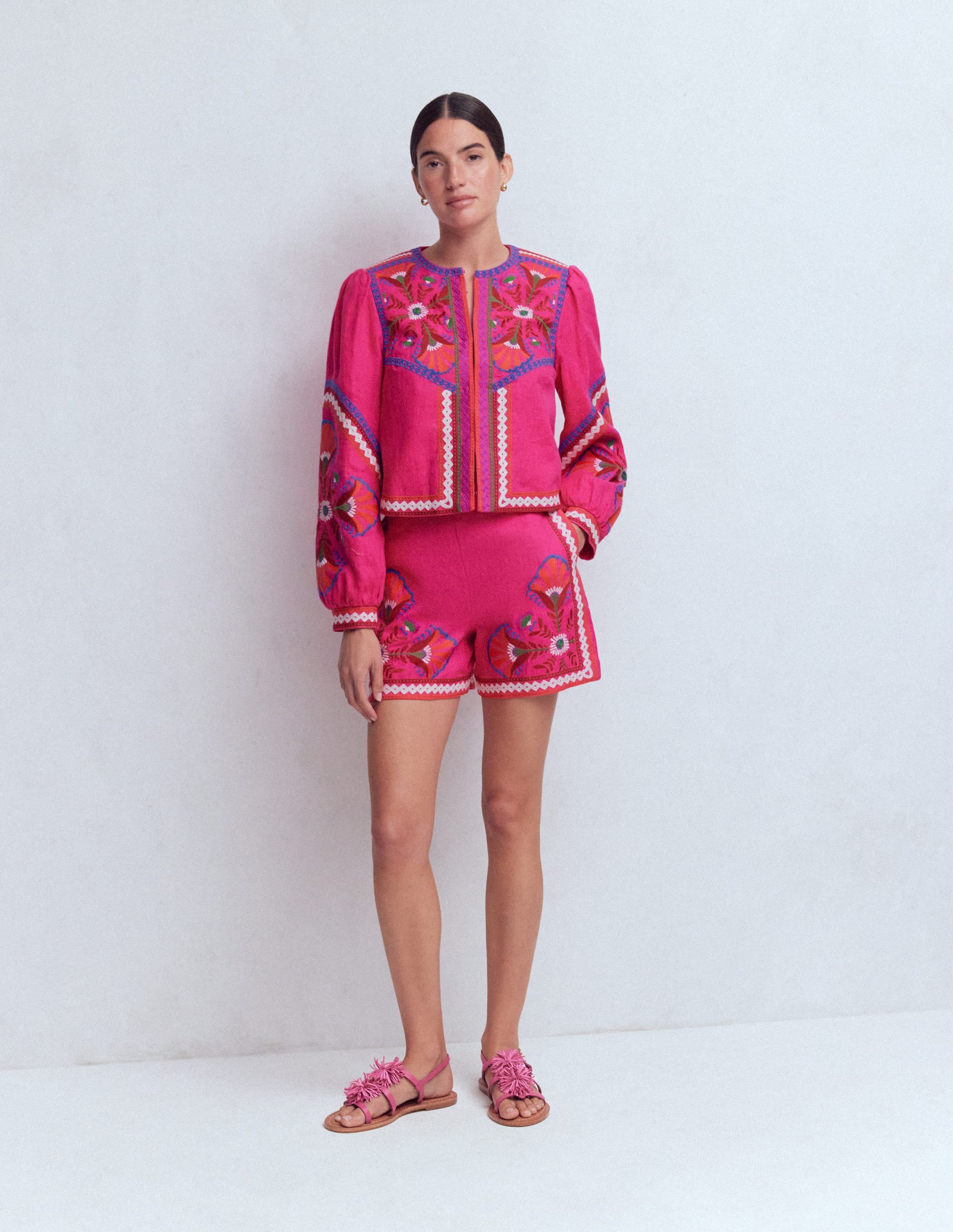 Embroidered Linen Shorts-Pink Peony, Embroidered - Image 4