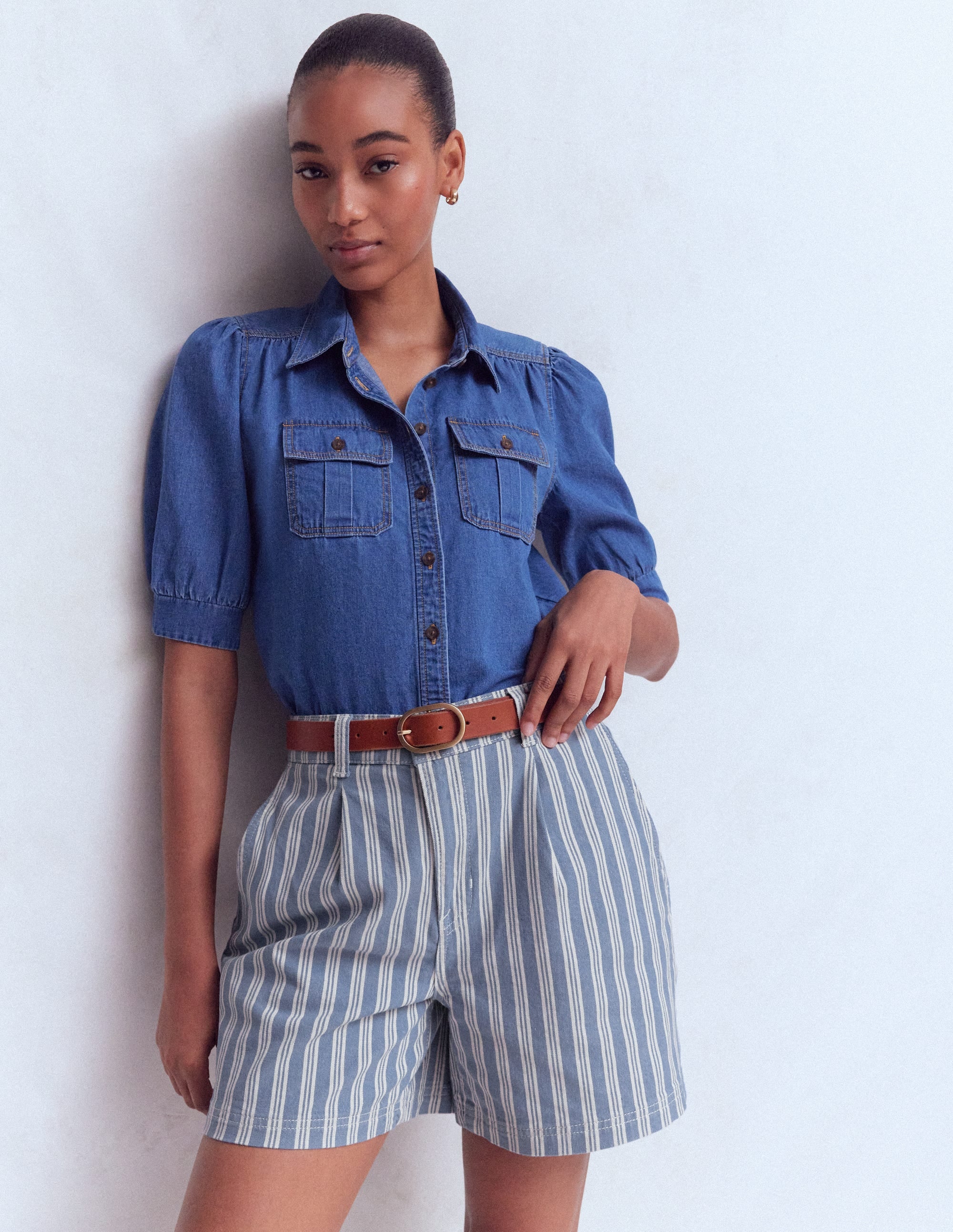 Pleat Front Denim Shorts-Stripe - Image 4