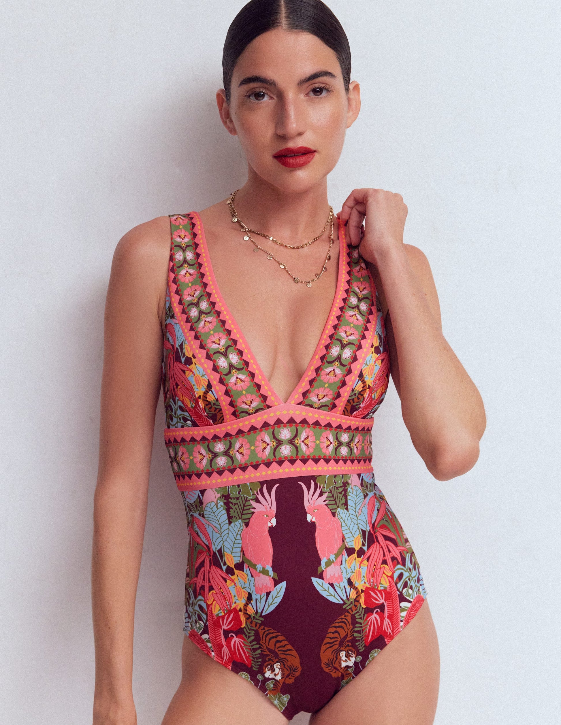 Porto V-neck Swimsuit-Chocberry, Tropical Safari-1
