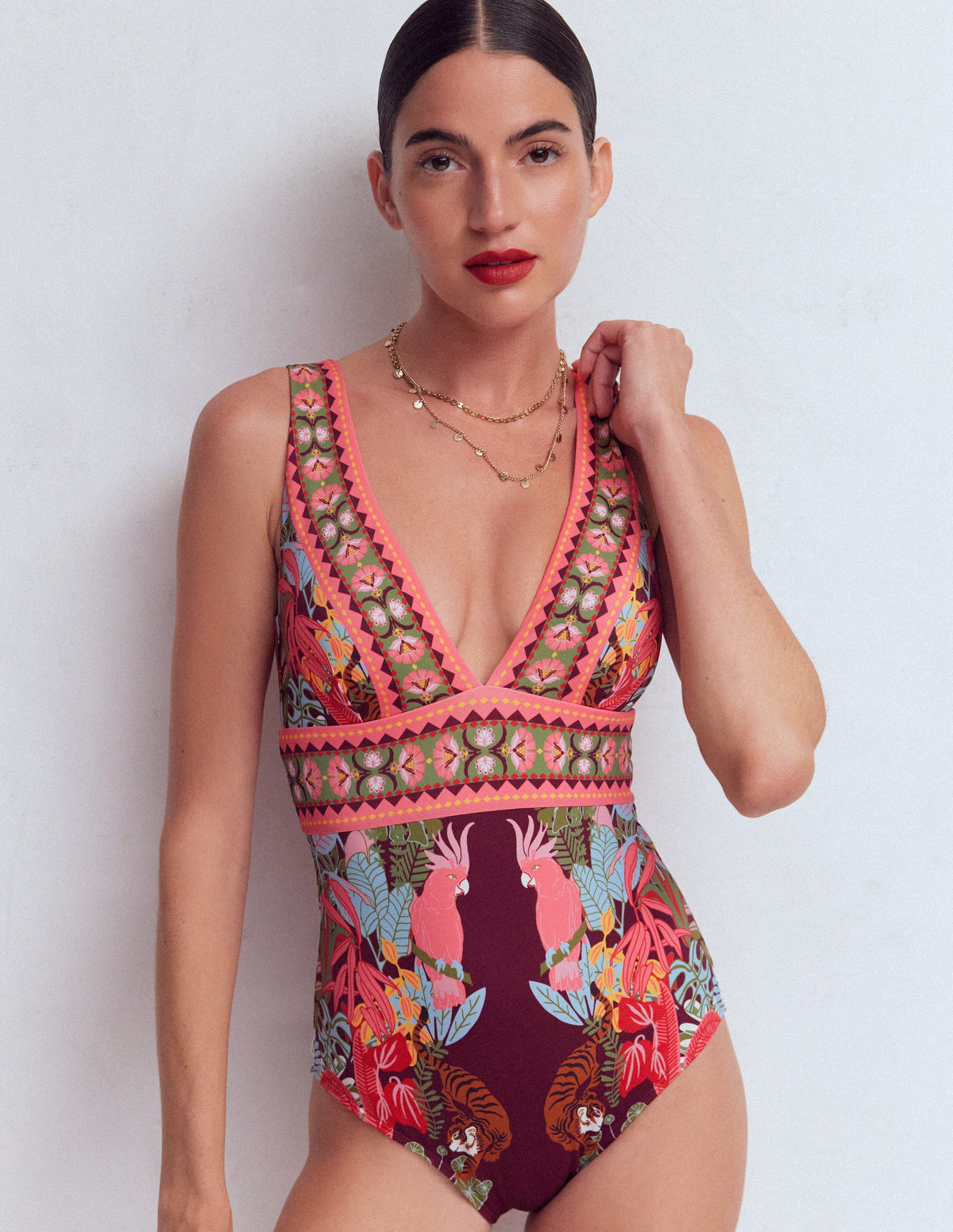 Porto V-neck Swimsuit-Chocberry, Tropical Safari - Image 1