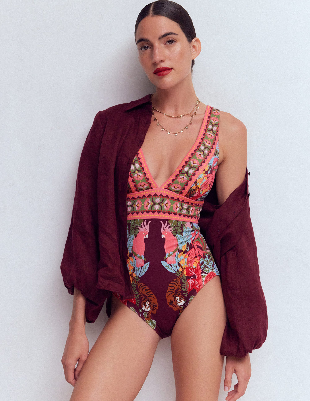 Porto V-neck Swimsuit-Chocberry, Tropical Safari - Image 4