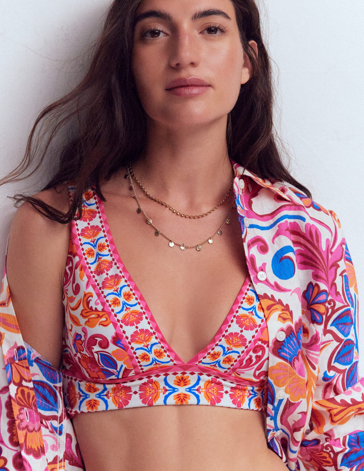 Porto V-neck Bikini Top-Pink Power, Flourishing Meadow - Image 2