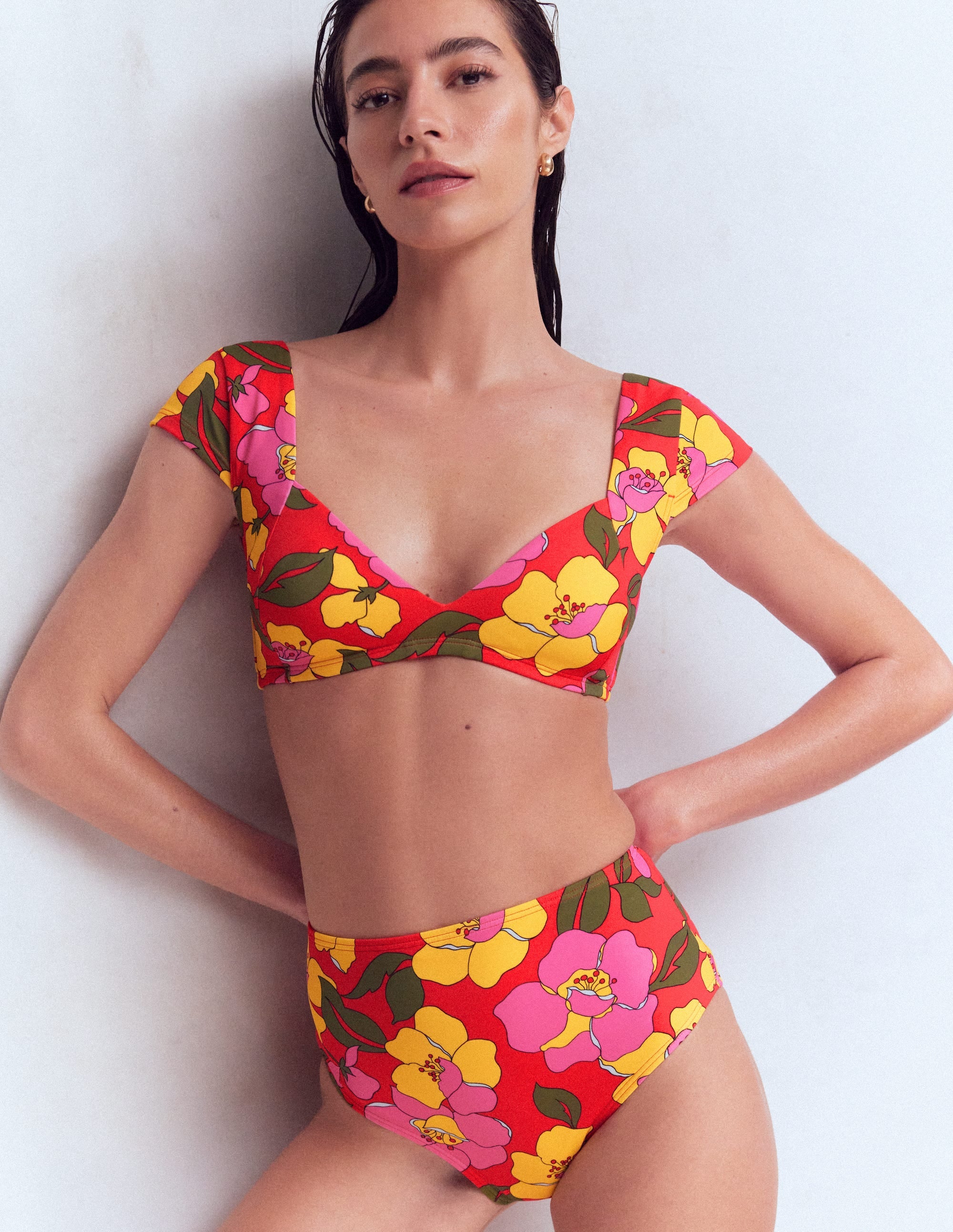 High Waisted Bikini Bottoms-Red, Radiant Bloom - Image 6