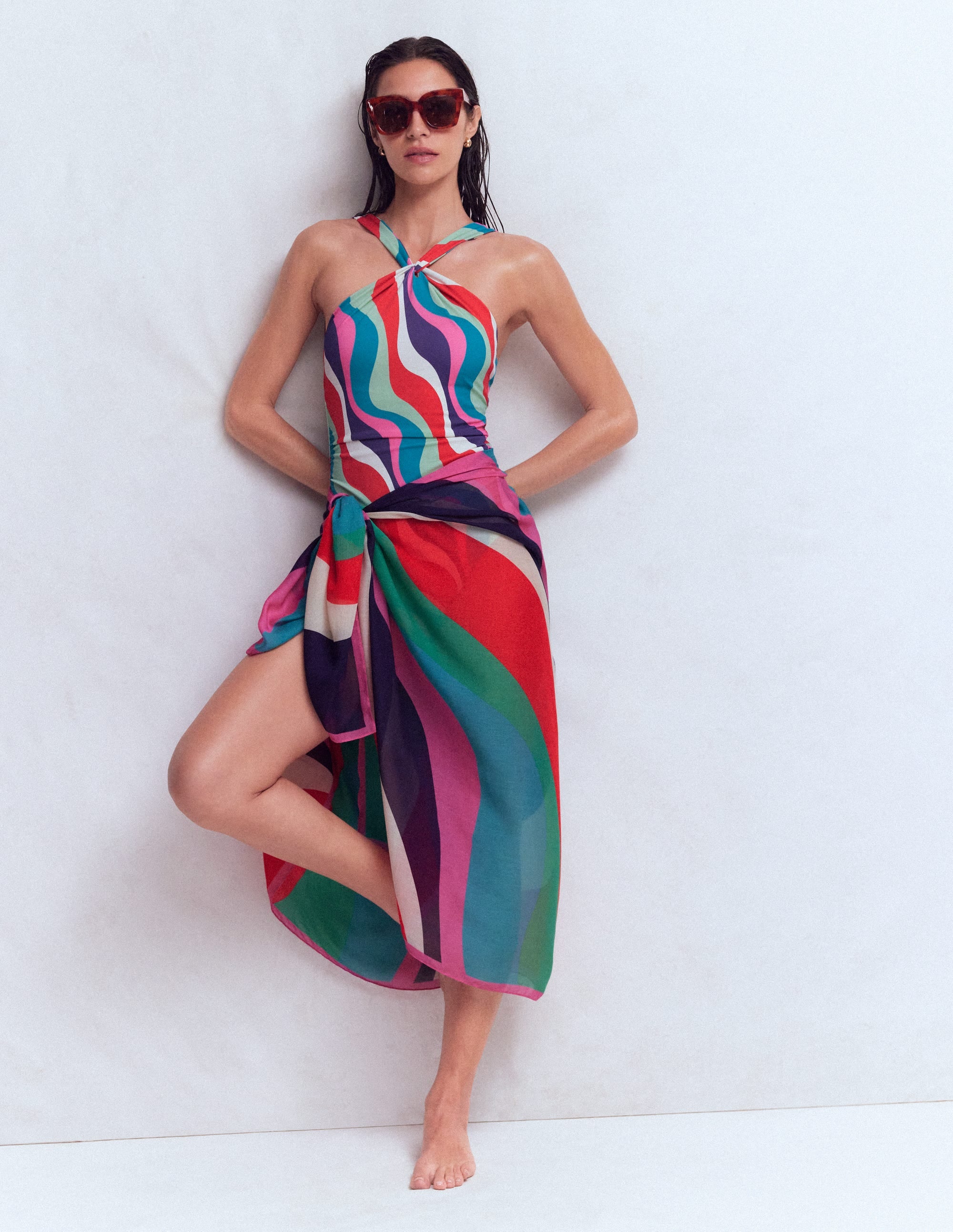 Pleated Strap Cross Swimsuit-Multi, Rhythmic Wave - Image 5