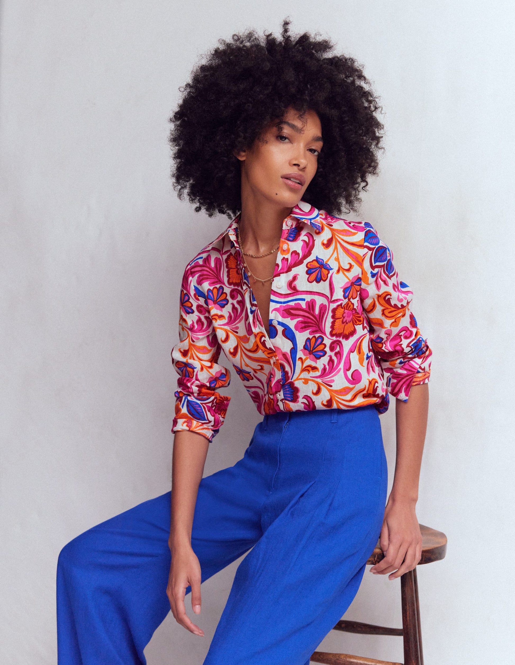 Sienna Linen Shirt-Pink Punch, Flourishing Meadow-1