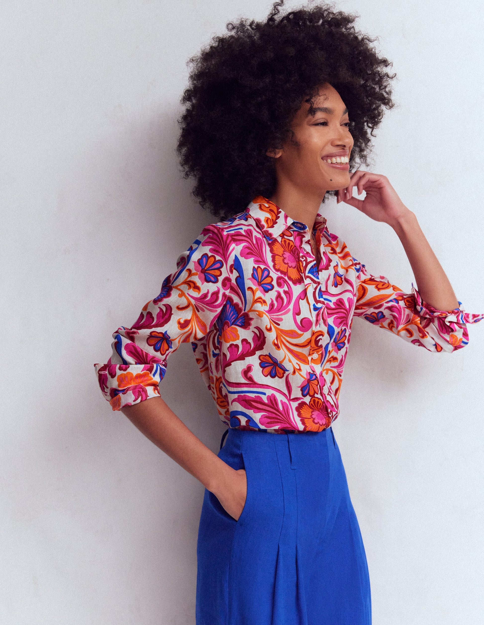 Sienna Linen Shirt-Pink Punch, Flourishing Meadow-4