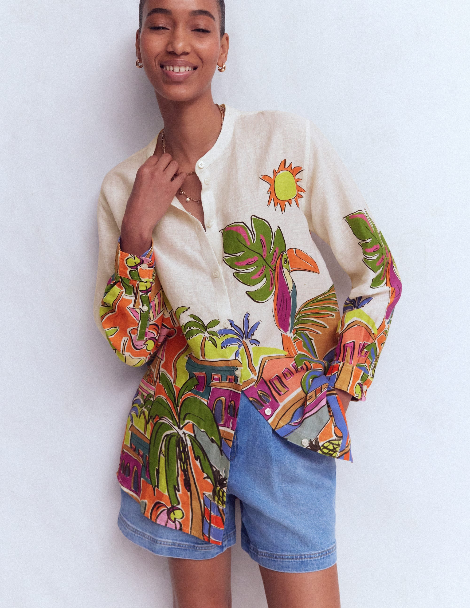Longline Linen Shirt-Multi, Tropical Village - Image 1